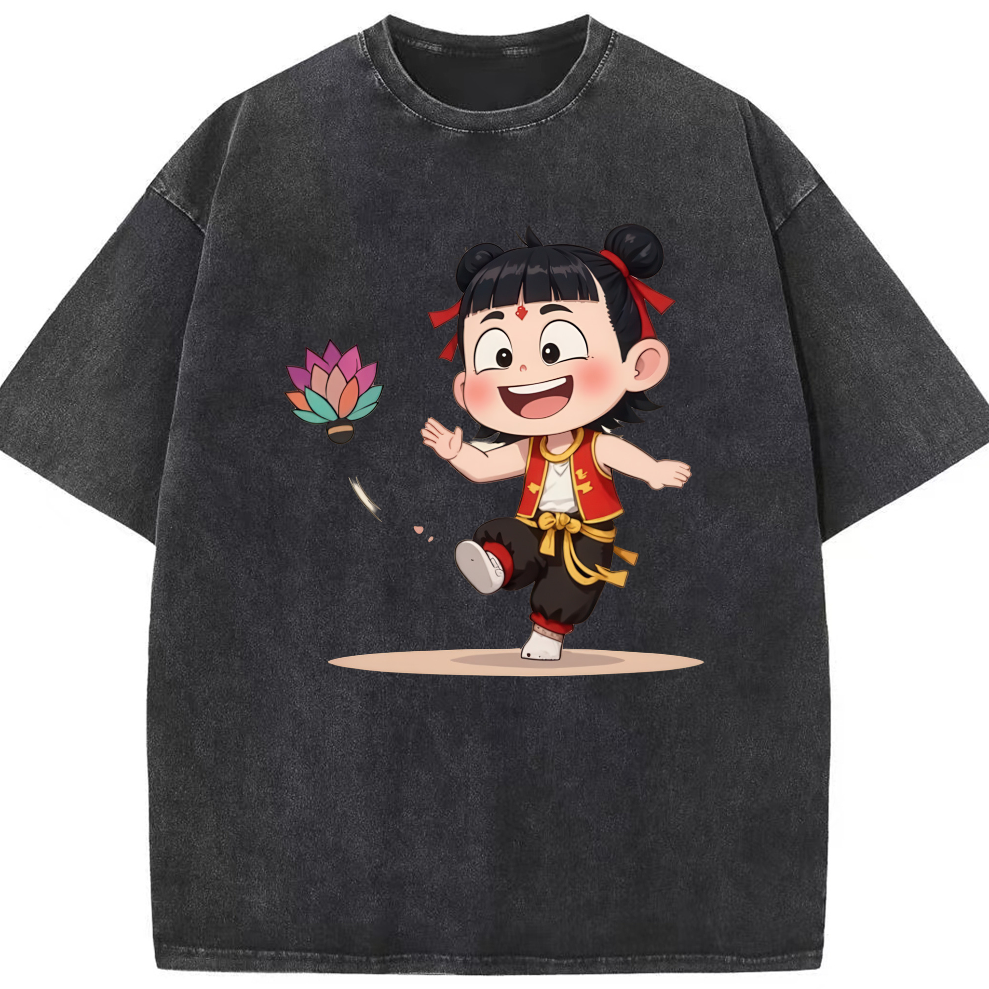 （画像用） Ne Zha 2 ナタ 魔童の大暴れ 綿100% ヴィンテージ風 半袖Tシャツ（フロントプリント）