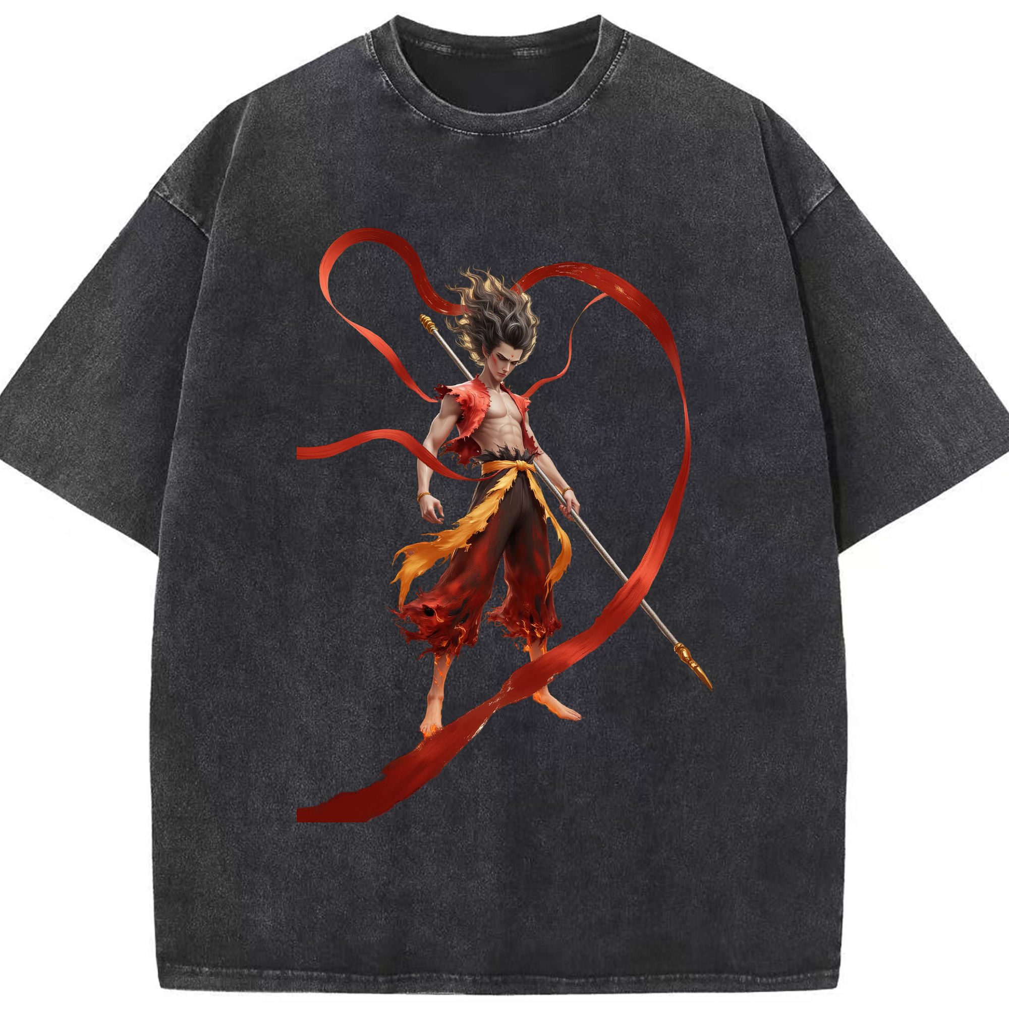 （画像用） Ne Zha 2 ナタ 魔童の大暴れ 綿100% ヴィンテージ風 半袖Tシャツ（フロントプリント）