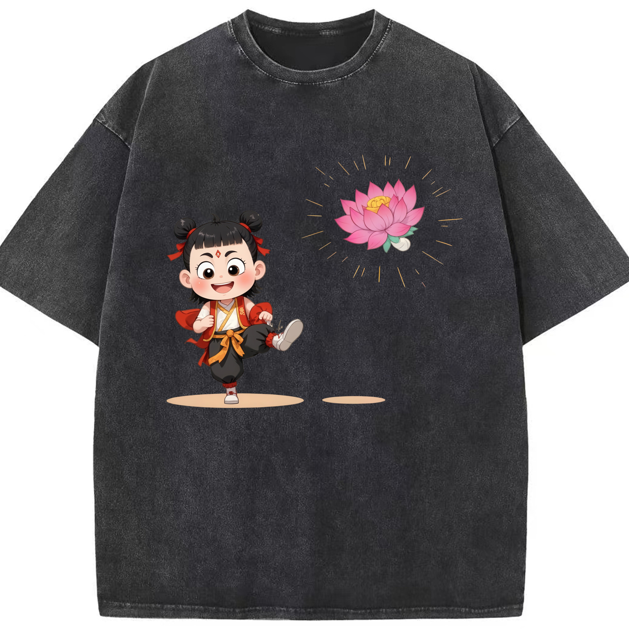 （画像用） Ne Zha 2 ナタ 魔童の大暴れ 綿100% ヴィンテージ風 半袖Tシャツ（フロントプリント）