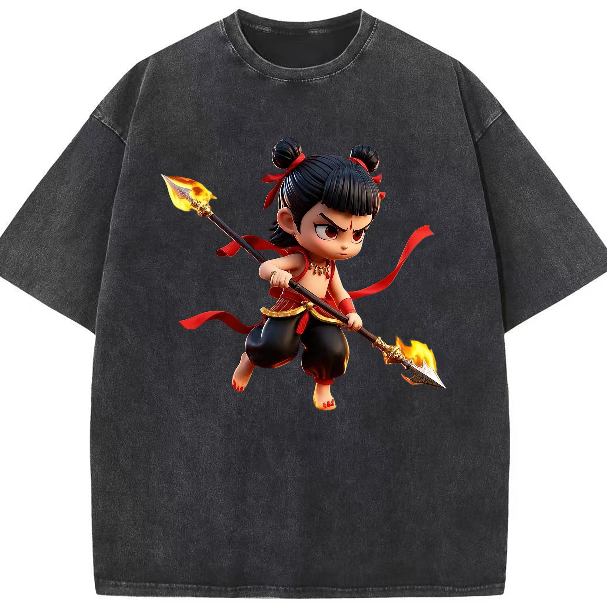 （画像用） Ne Zha 2 ナタ 魔童の大暴れ 綿100% ヴィンテージ風 半袖Tシャツ（フロントプリント）