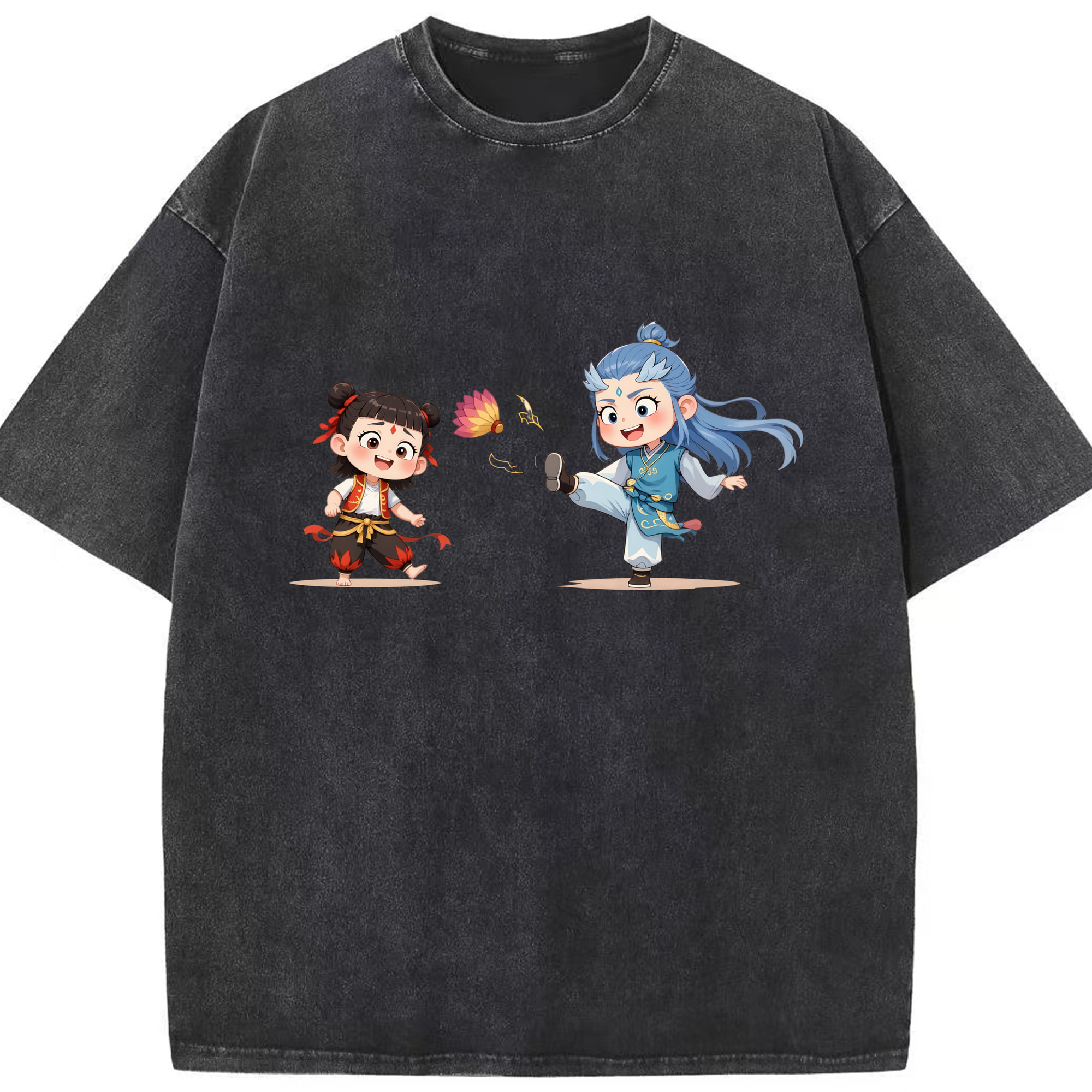（画像用） Ne Zha 2 ナタ 魔童の大暴れ 綿100% ヴィンテージ風 半袖Tシャツ（フロントプリント）