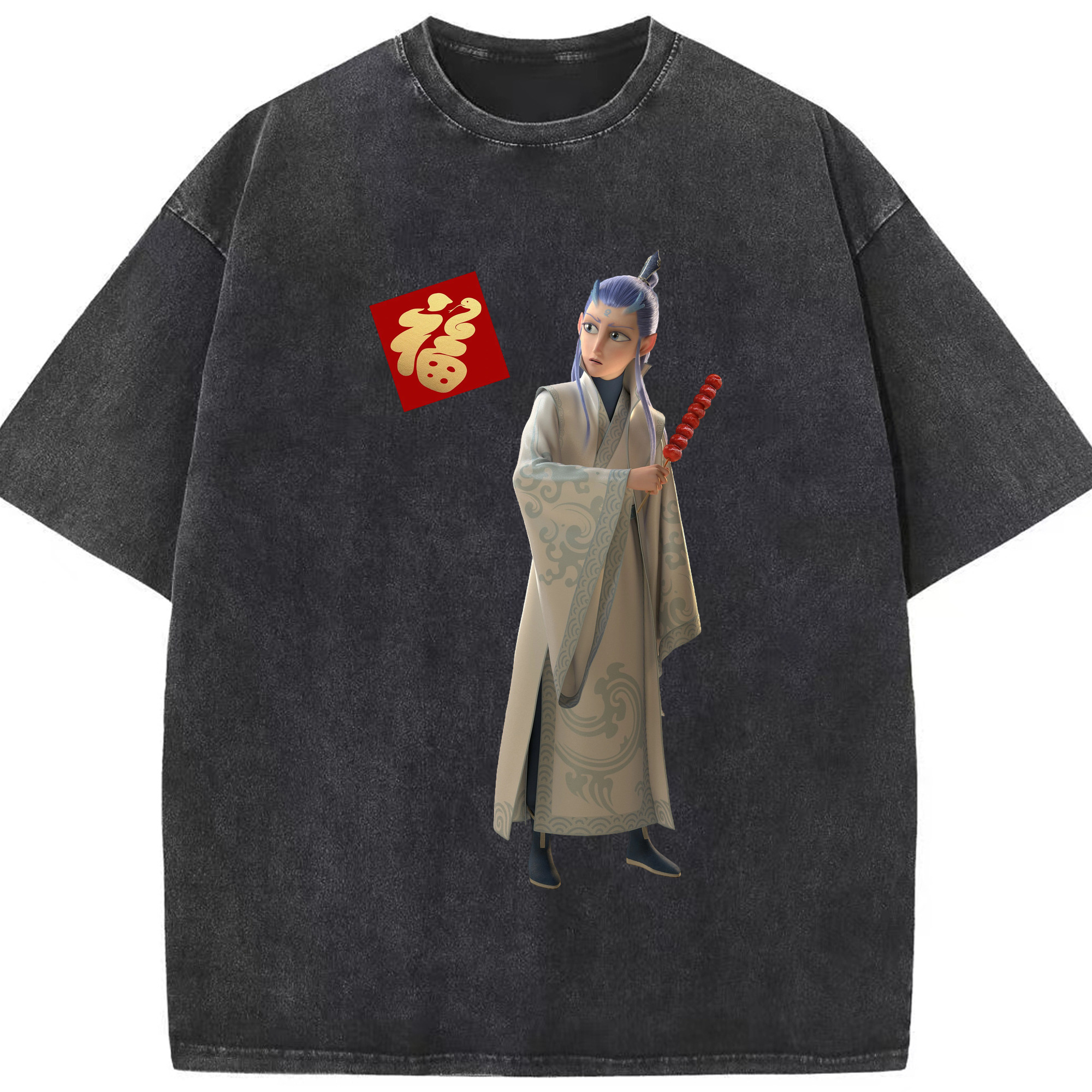 （画像用） Ne Zha 2 ナタ 魔童の大暴れ 綿100% ヴィンテージ風 半袖Tシャツ（フロントプリント）