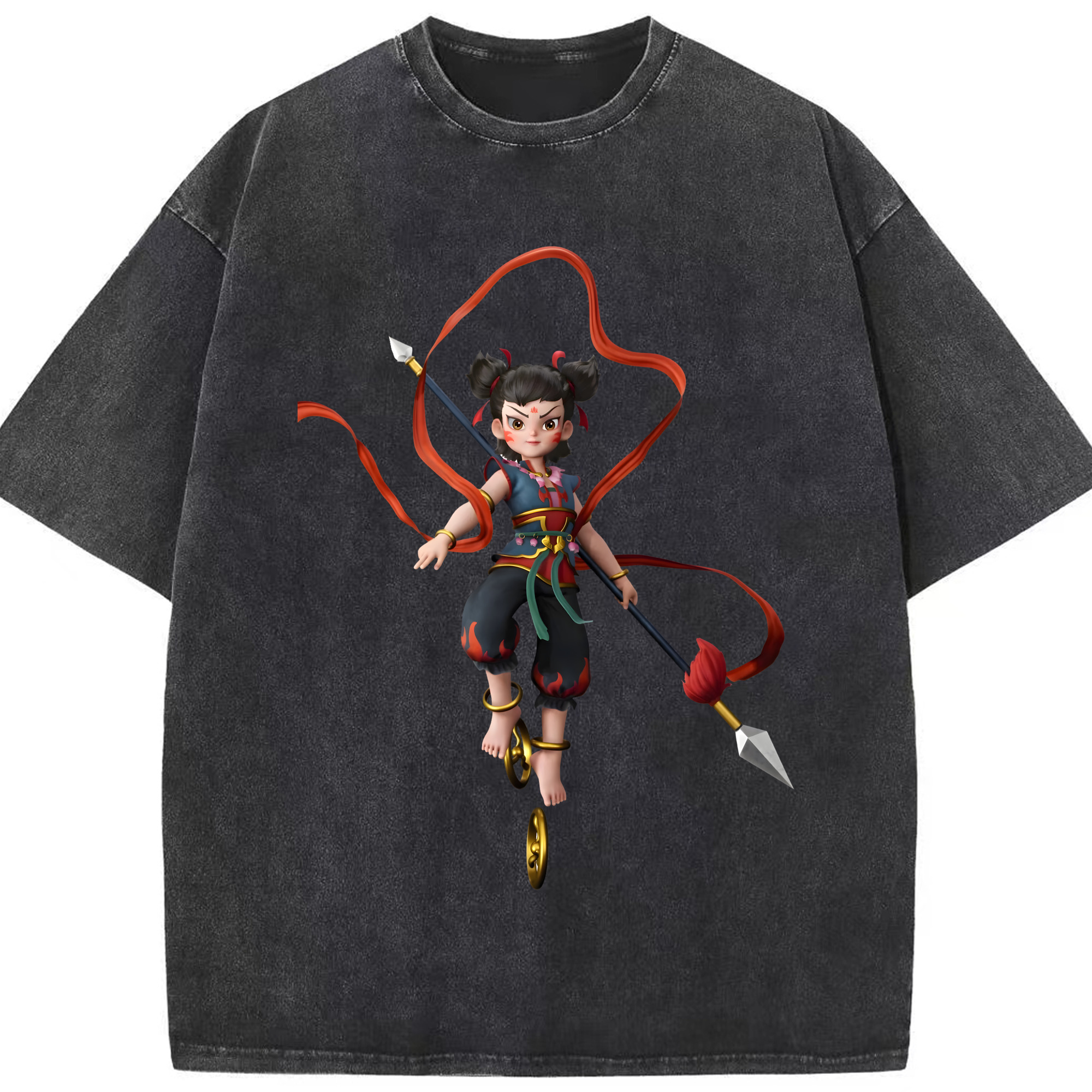 （画像用） Ne Zha 2 ナタ 魔童の大暴れ 綿100% ヴィンテージ風 半袖Tシャツ（フロントプリント）