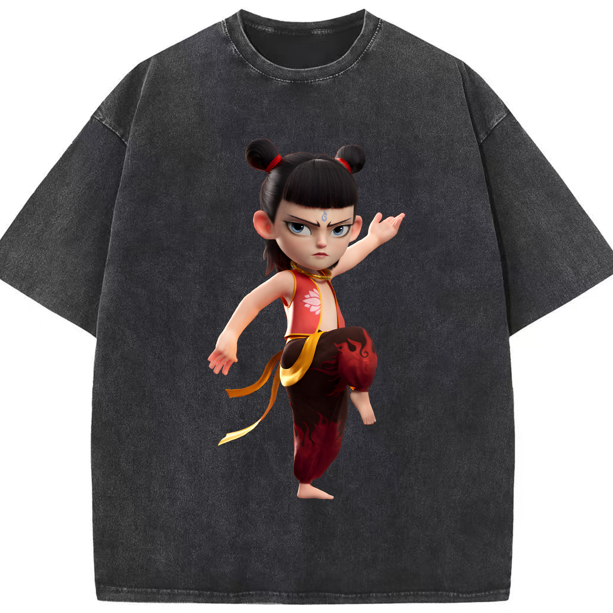 （画像用） Ne Zha 2 ナタ 魔童の大暴れ 綿100% ヴィンテージ風 半袖Tシャツ（フロントプリント）