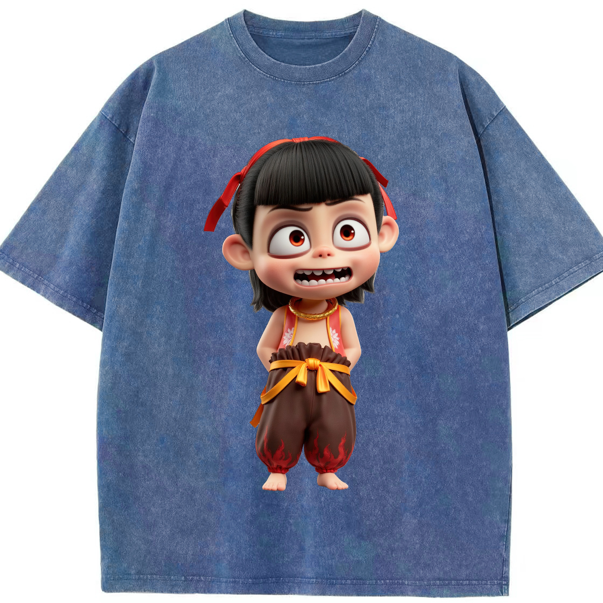 （画像用） Ne Zha 2 ナタ 魔童の大暴れ 綿100% ヴィンテージ風 半袖Tシャツ（フロントプリント）
