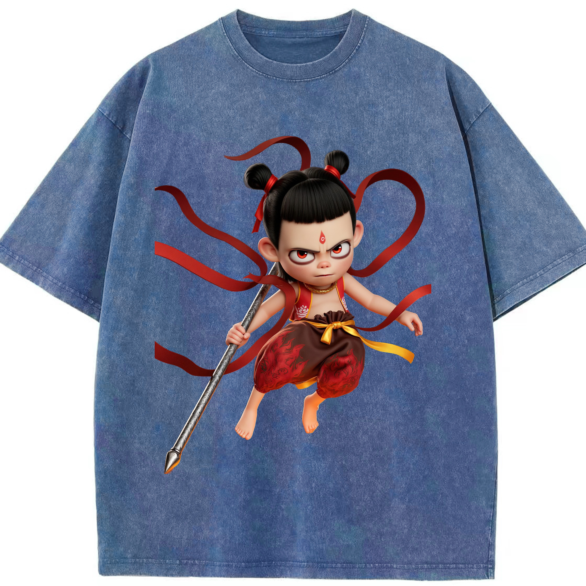 （画像用） Ne Zha 2 ナタ 魔童の大暴れ 綿100% ヴィンテージ風 半袖Tシャツ（フロントプリント）