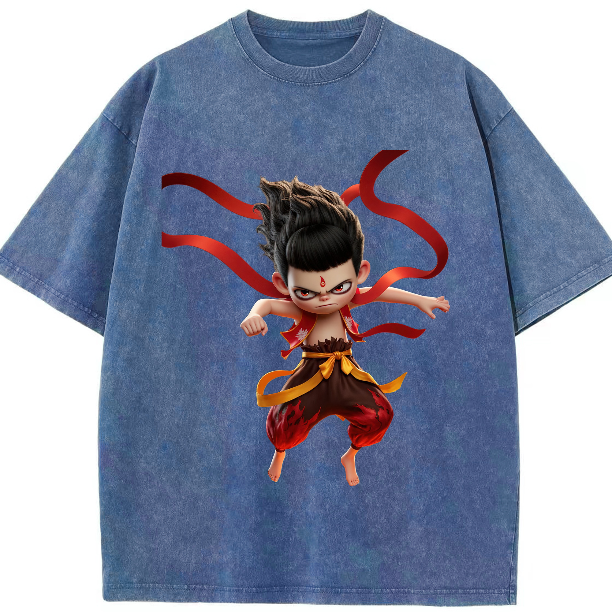 （画像用） Ne Zha 2 ナタ 魔童の大暴れ 綿100% ヴィンテージ風 半袖Tシャツ（フロントプリント）