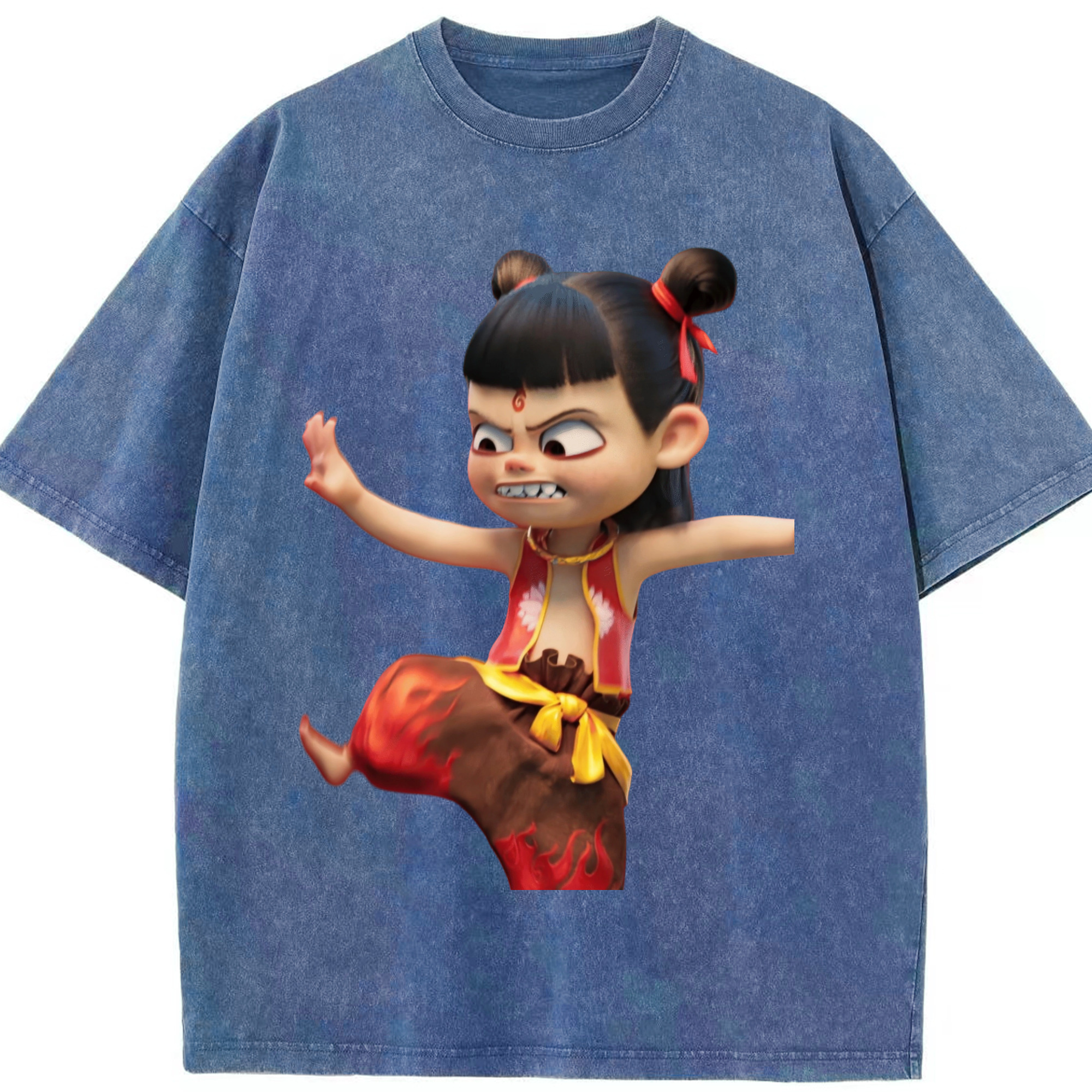 （画像用） Ne Zha 2 ナタ 魔童の大暴れ 綿100% ヴィンテージ風 半袖Tシャツ（フロントプリント）