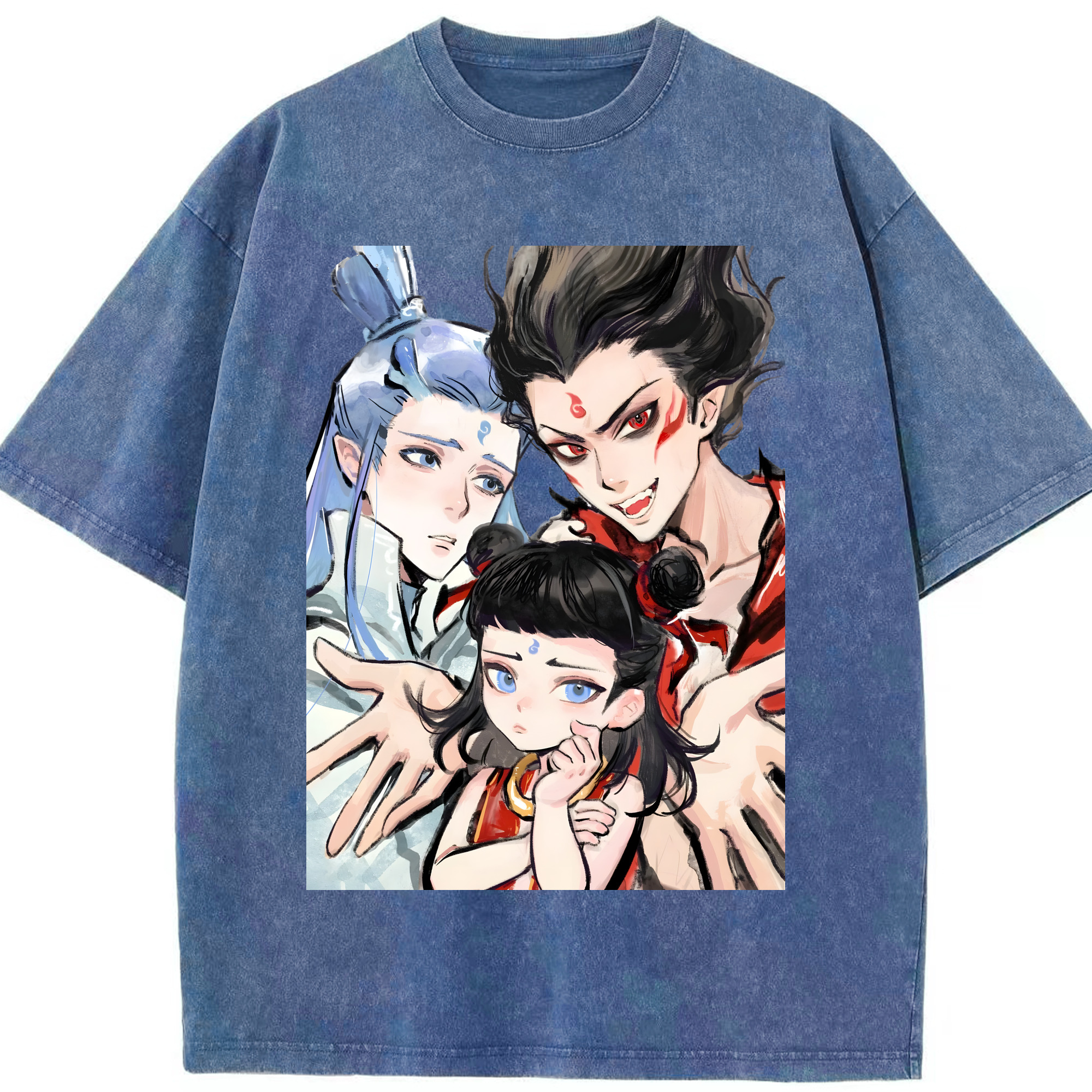 （画像用） Ne Zha 2 ナタ 魔童の大暴れ 綿100% ヴィンテージ風 半袖Tシャツ（フロントプリント）