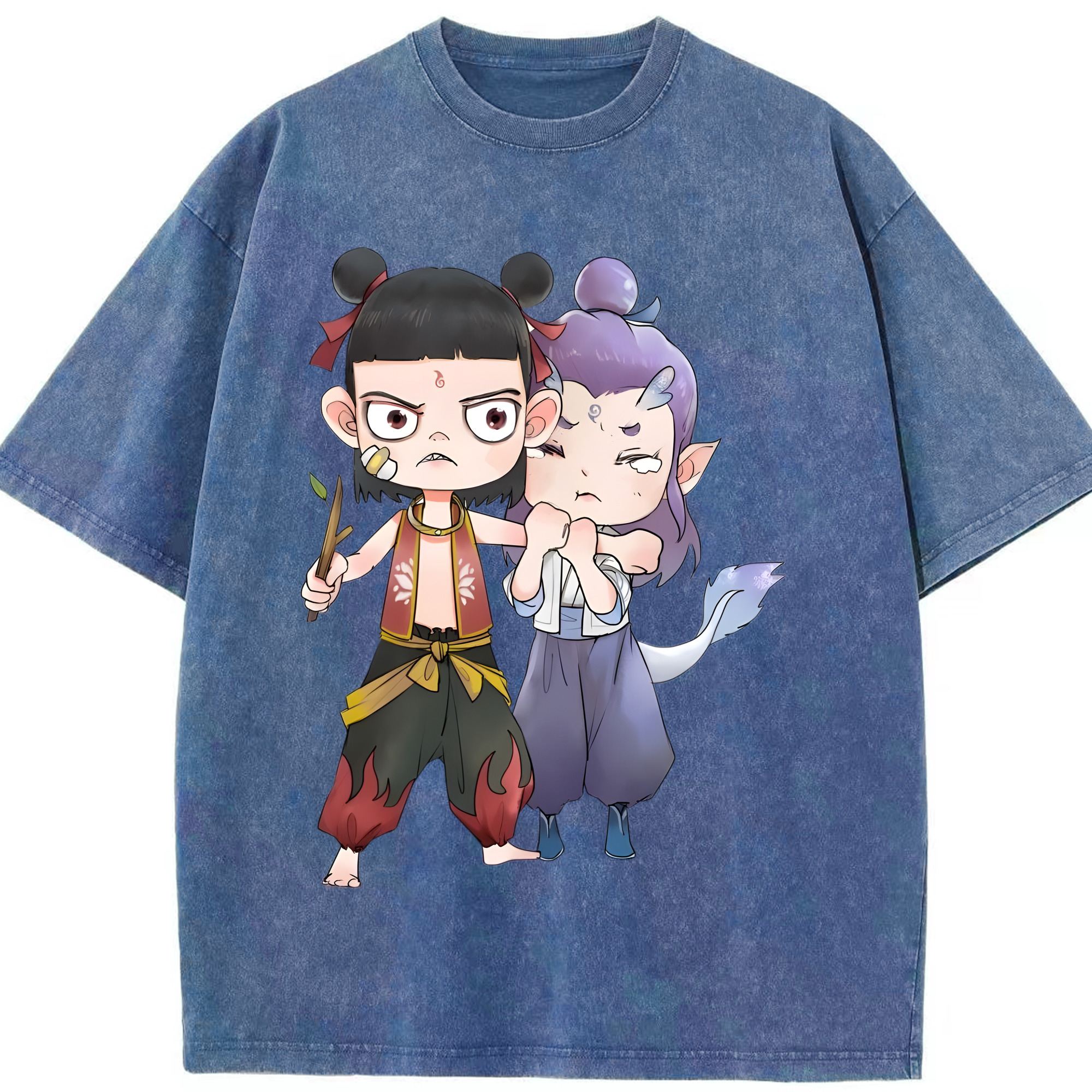 （画像用） Ne Zha 2 ナタ 魔童の大暴れ 綿100% ヴィンテージ風 半袖Tシャツ（フロントプリント）