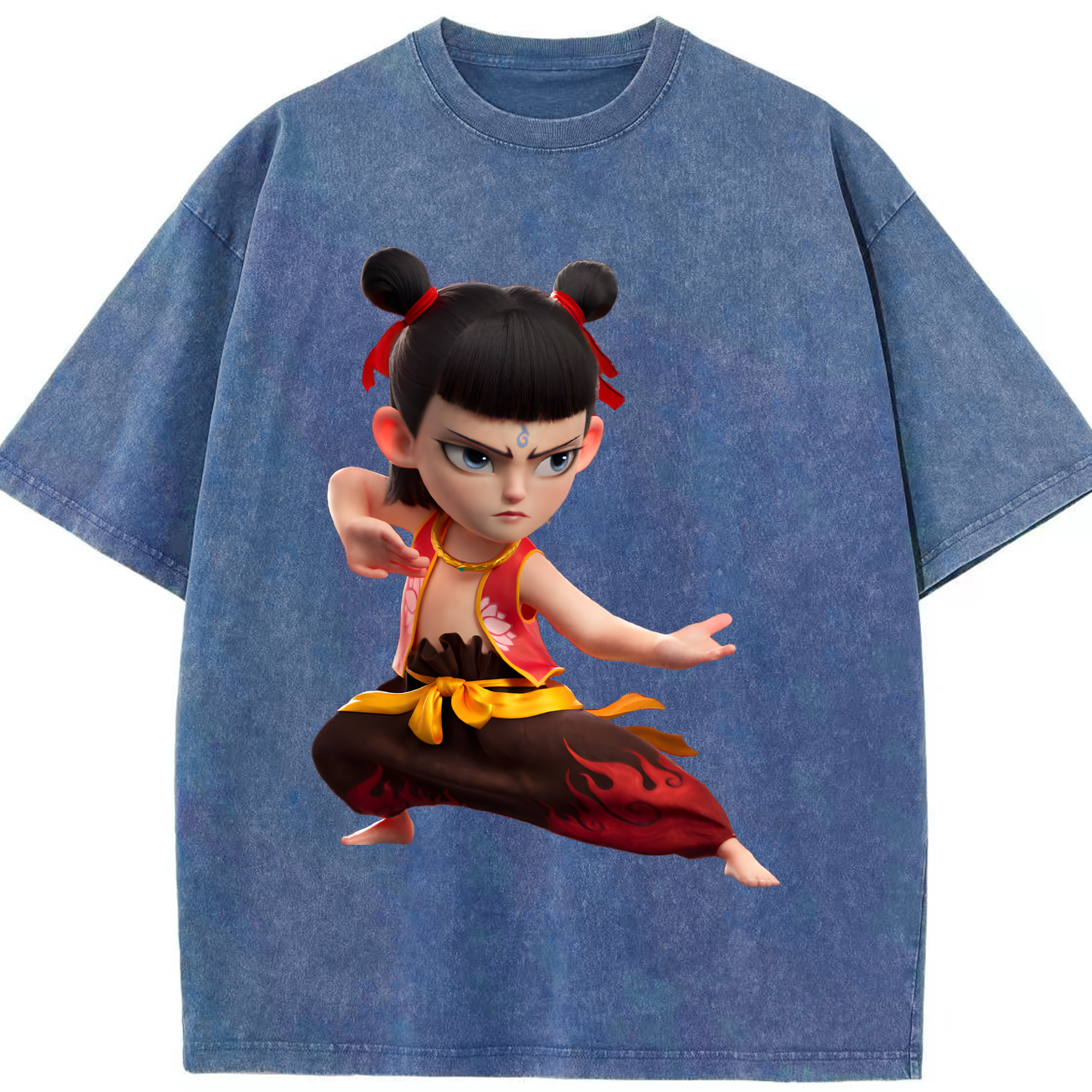 （画像用） Ne Zha 2 ナタ 魔童の大暴れ 綿100% ヴィンテージ風 半袖Tシャツ（フロントプリント）
