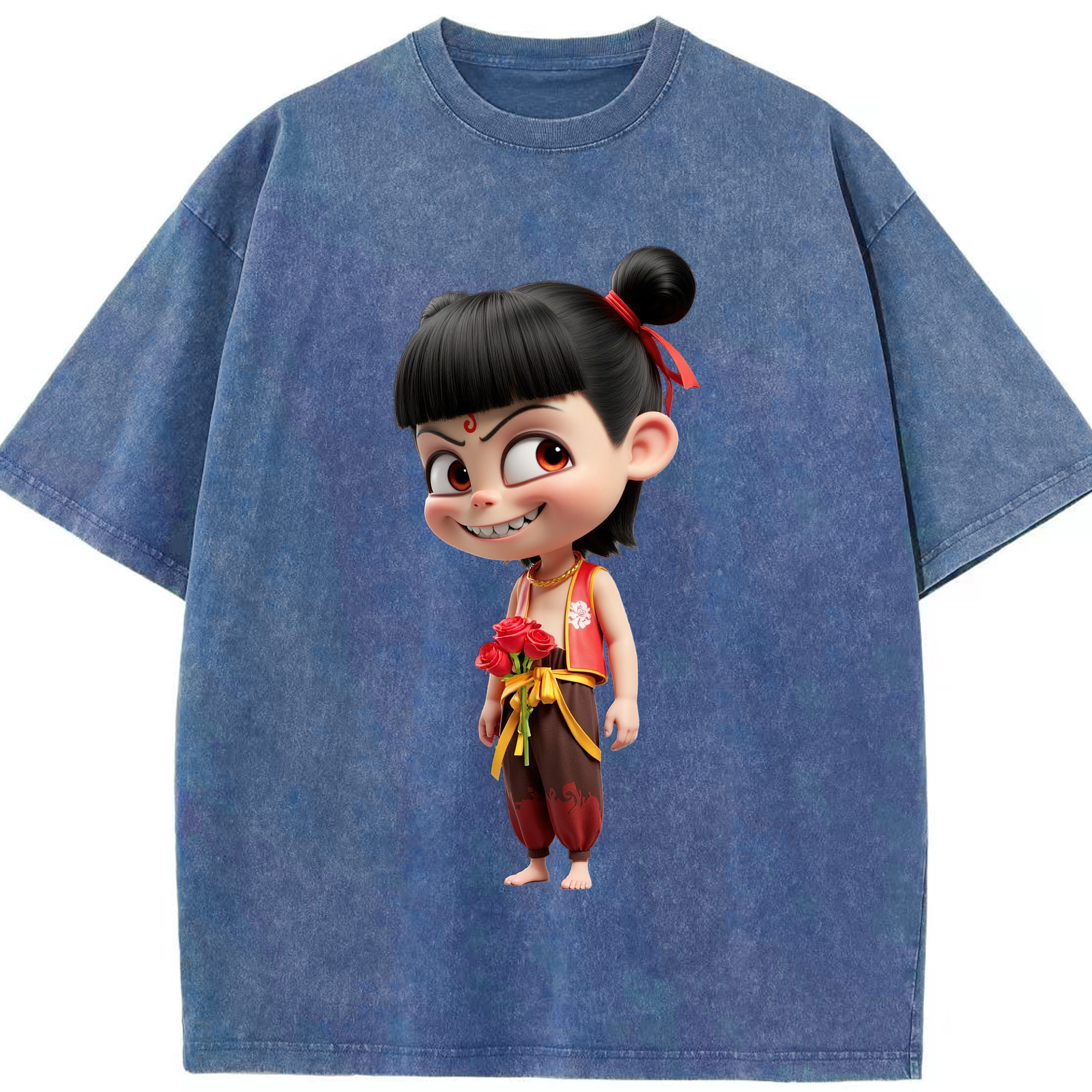 （画像用） Ne Zha 2 ナタ 魔童の大暴れ 綿100% ヴィンテージ風 半袖Tシャツ（フロントプリント）