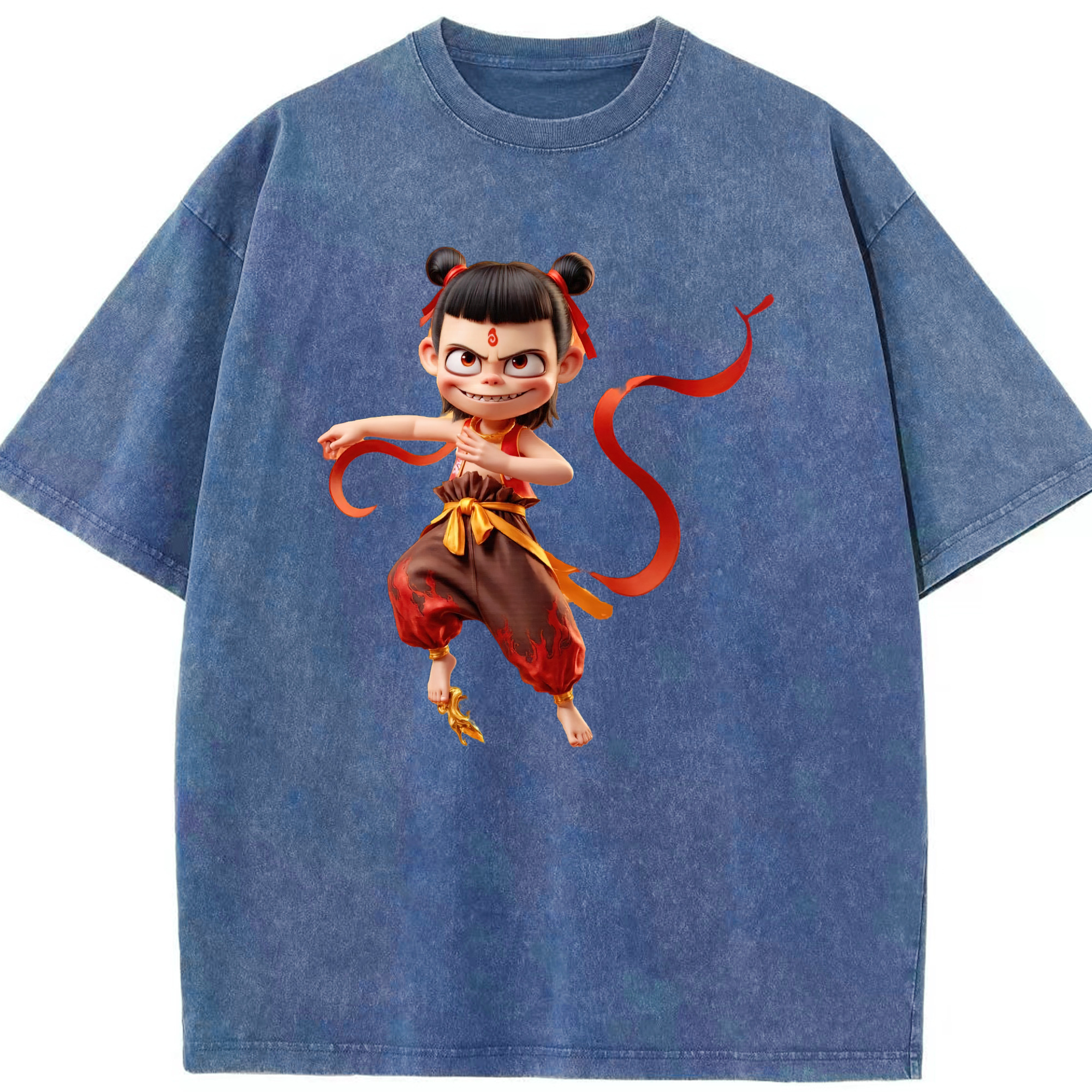 （画像用） Ne Zha 2 ナタ 魔童の大暴れ 綿100% ヴィンテージ風 半袖Tシャツ（フロントプリント）