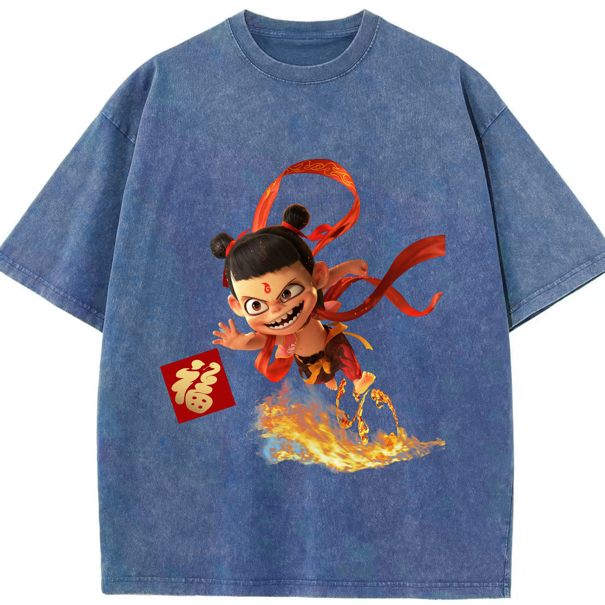 （画像用） Ne Zha 2 ナタ 魔童の大暴れ 綿100% ヴィンテージ風 半袖Tシャツ（フロントプリント）