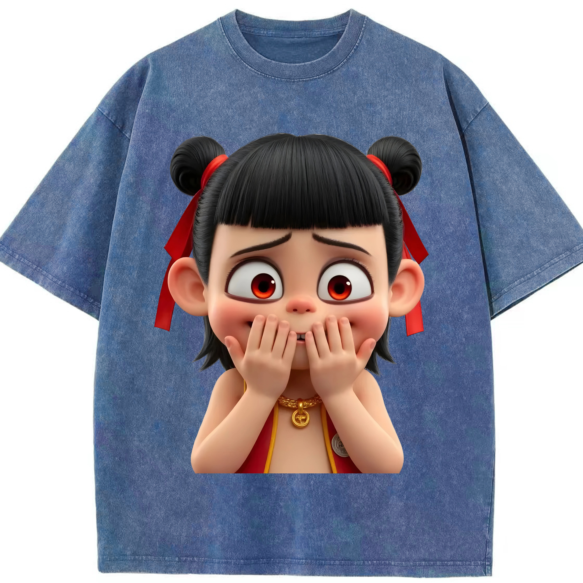 （画像用） Ne Zha 2 ナタ 魔童の大暴れ 綿100% ヴィンテージ風 半袖Tシャツ（フロントプリント）