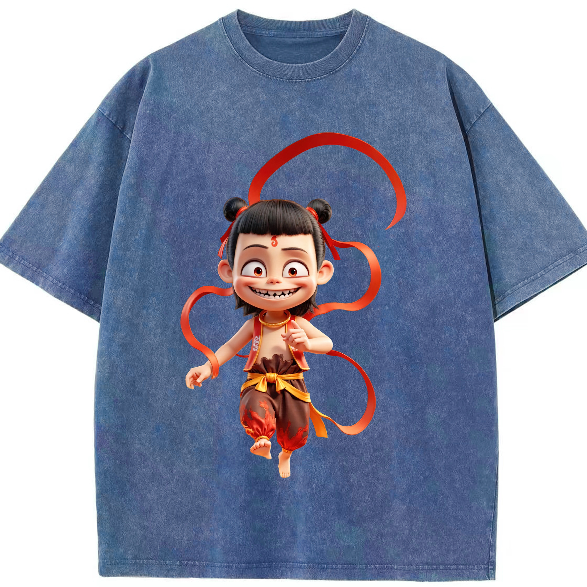 （画像用） Ne Zha 2 ナタ 魔童の大暴れ 綿100% ヴィンテージ風 半袖Tシャツ（フロントプリント）