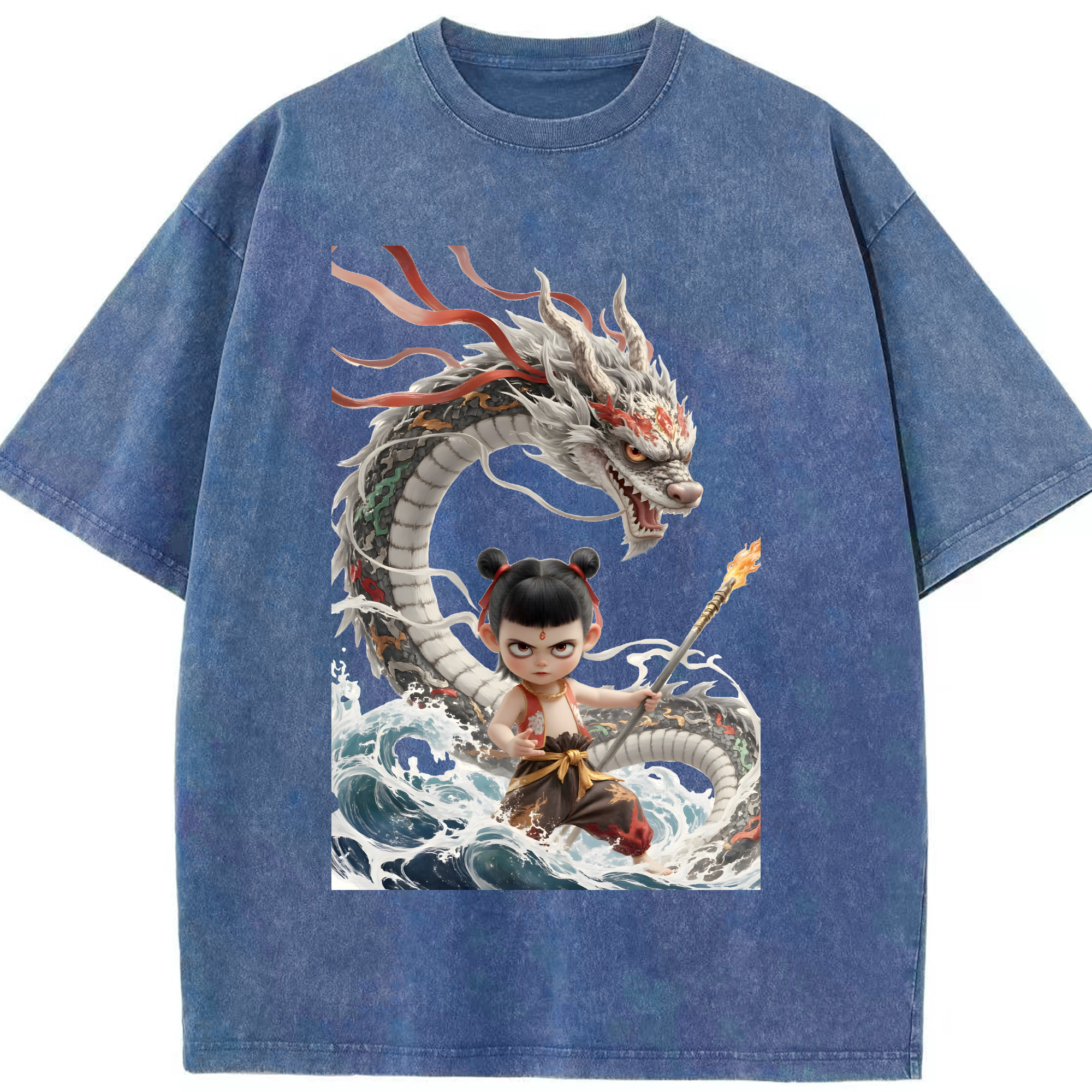 （画像用） Ne Zha 2 ナタ 魔童の大暴れ 綿100% ヴィンテージ風 半袖Tシャツ（フロントプリント）