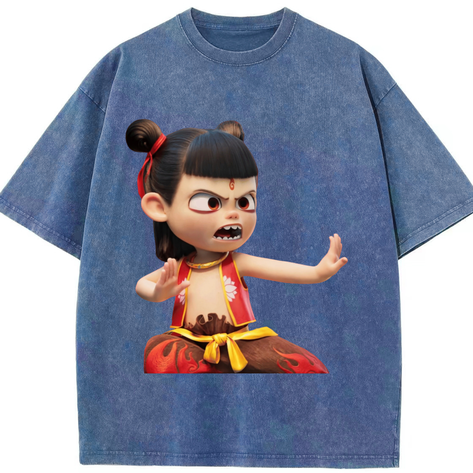 （画像用） Ne Zha 2 ナタ 魔童の大暴れ 綿100% ヴィンテージ風 半袖Tシャツ（フロントプリント）
