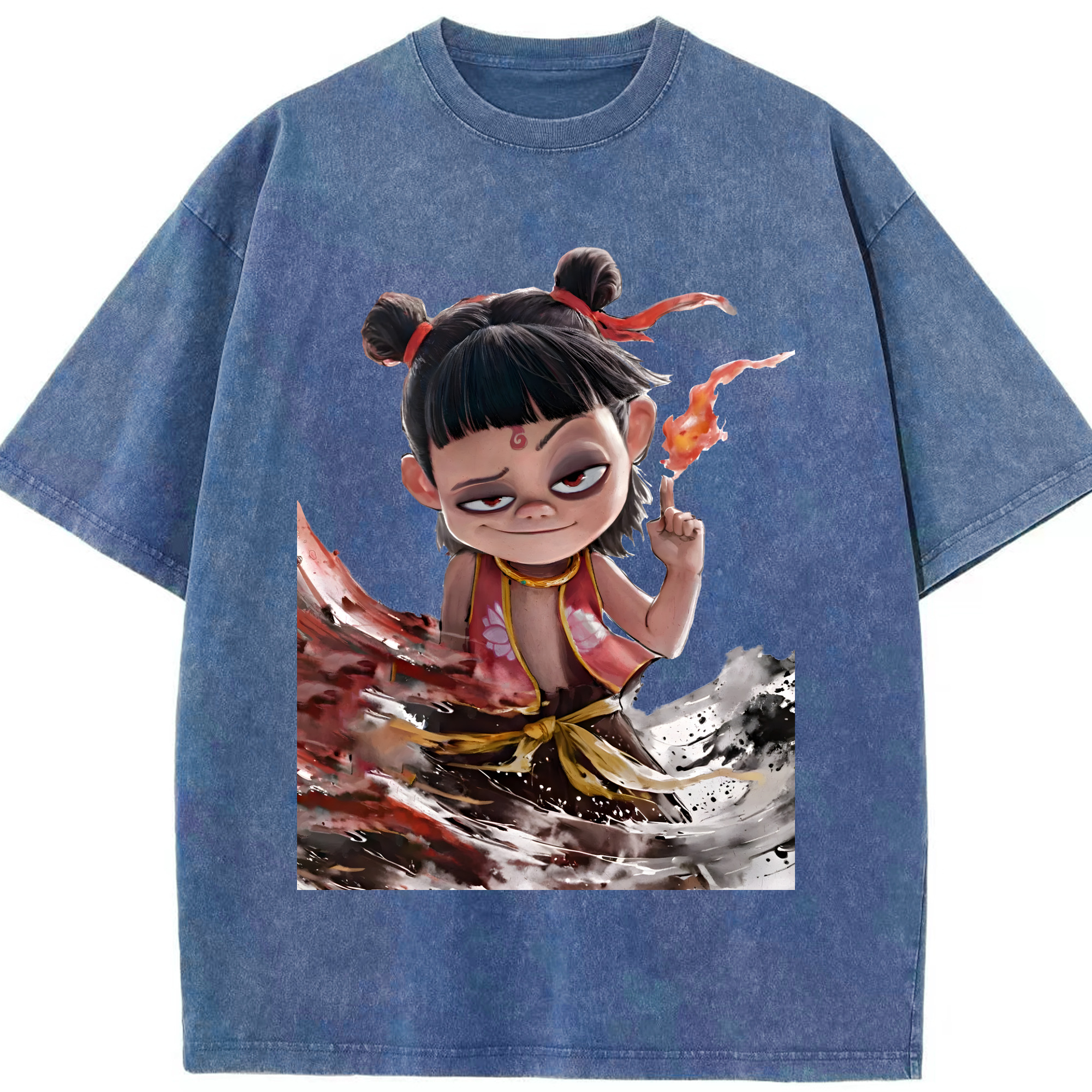 （画像用） Ne Zha 2 ナタ 魔童の大暴れ 綿100% ヴィンテージ風 半袖Tシャツ（フロントプリント）