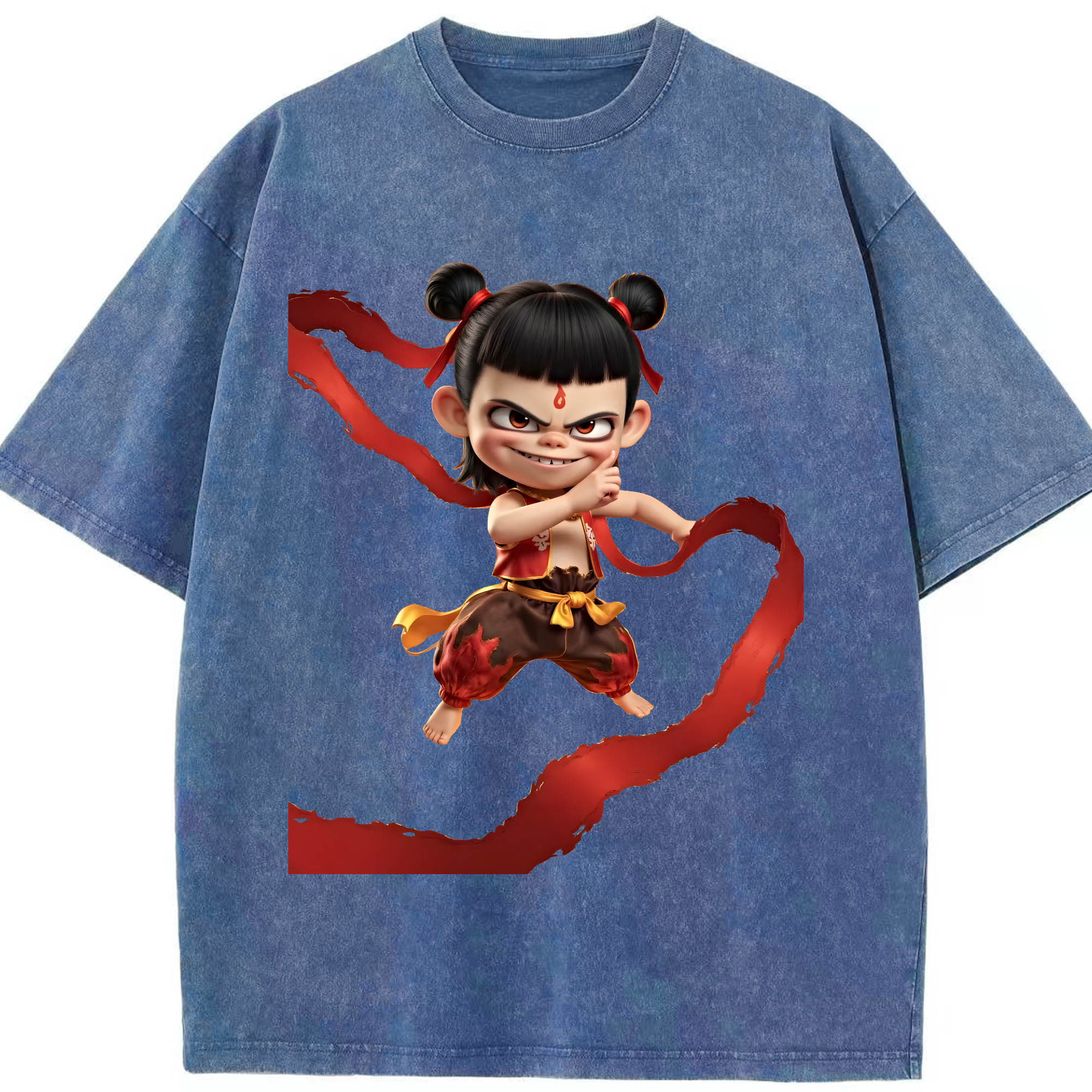 （画像用） Ne Zha 2 ナタ 魔童の大暴れ 綿100% ヴィンテージ風 半袖Tシャツ（フロントプリント）