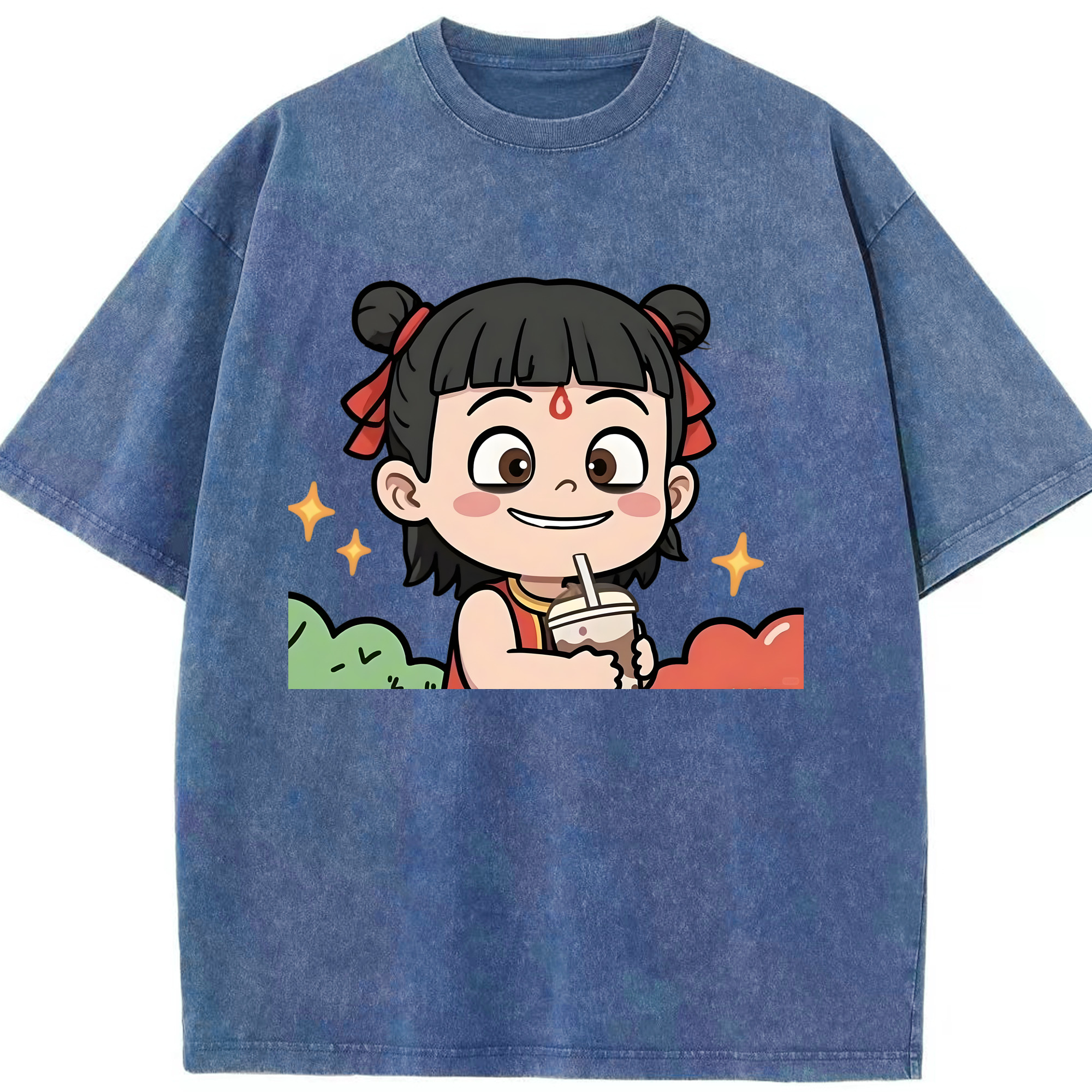 （画像用） Ne Zha 2 ナタ 魔童の大暴れ 綿100% ヴィンテージ風 半袖Tシャツ（フロントプリント）
