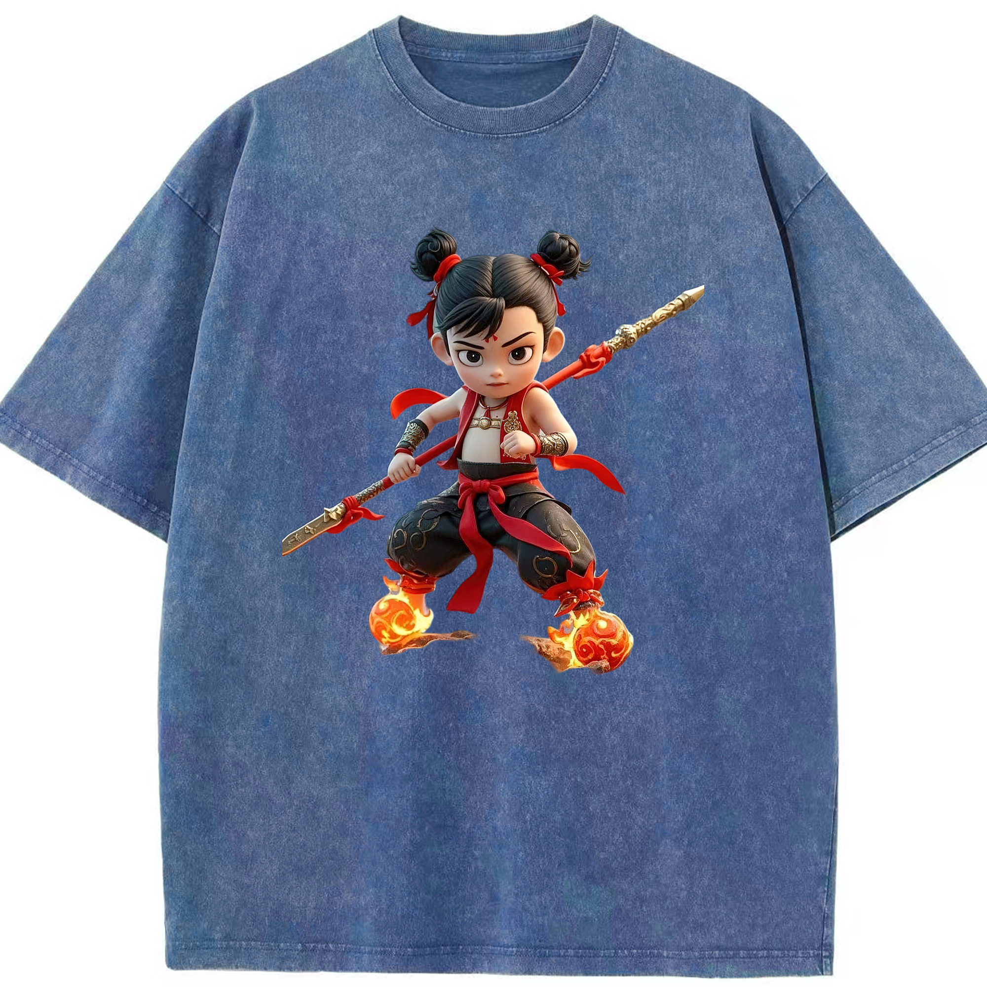 （画像用） Ne Zha 2 ナタ 魔童の大暴れ 綿100% ヴィンテージ風 半袖Tシャツ（フロントプリント）