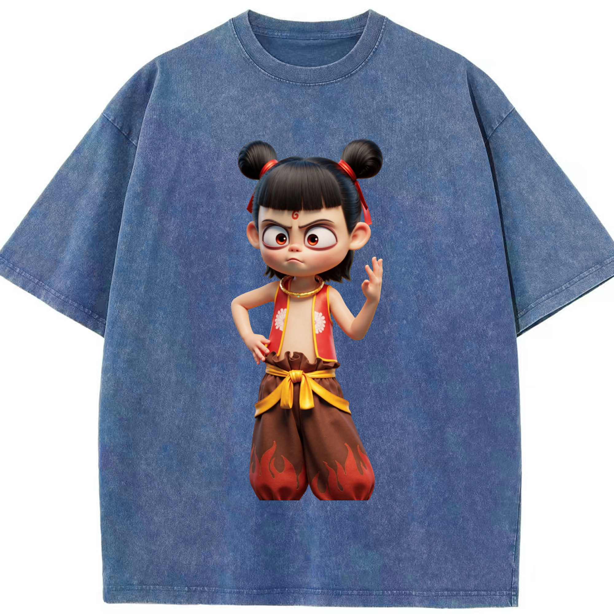 （画像用） Ne Zha 2 ナタ 魔童の大暴れ 綿100% ヴィンテージ風 半袖Tシャツ（フロントプリント）