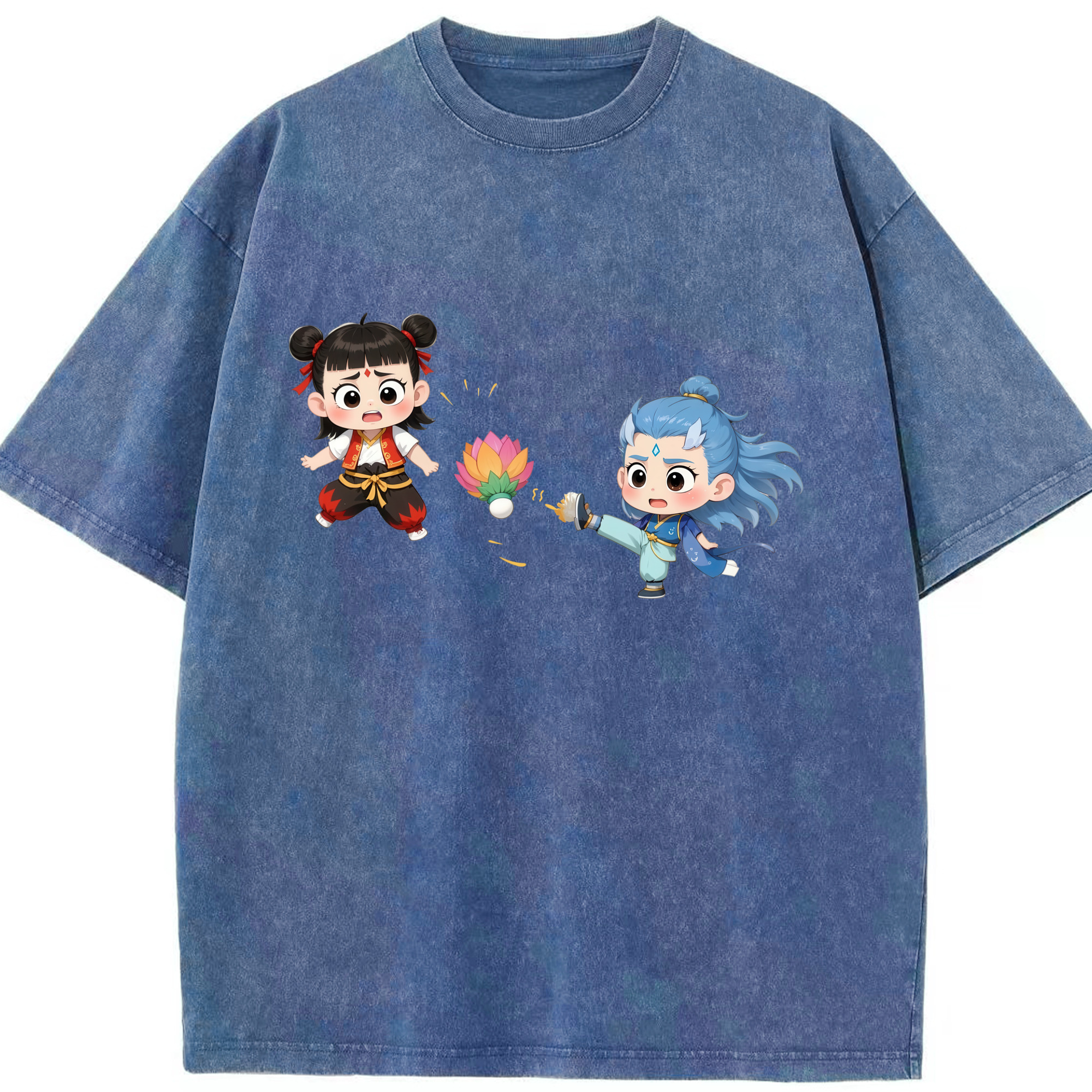 （画像用） Ne Zha 2 ナタ 魔童の大暴れ 綿100% ヴィンテージ風 半袖Tシャツ（フロントプリント）