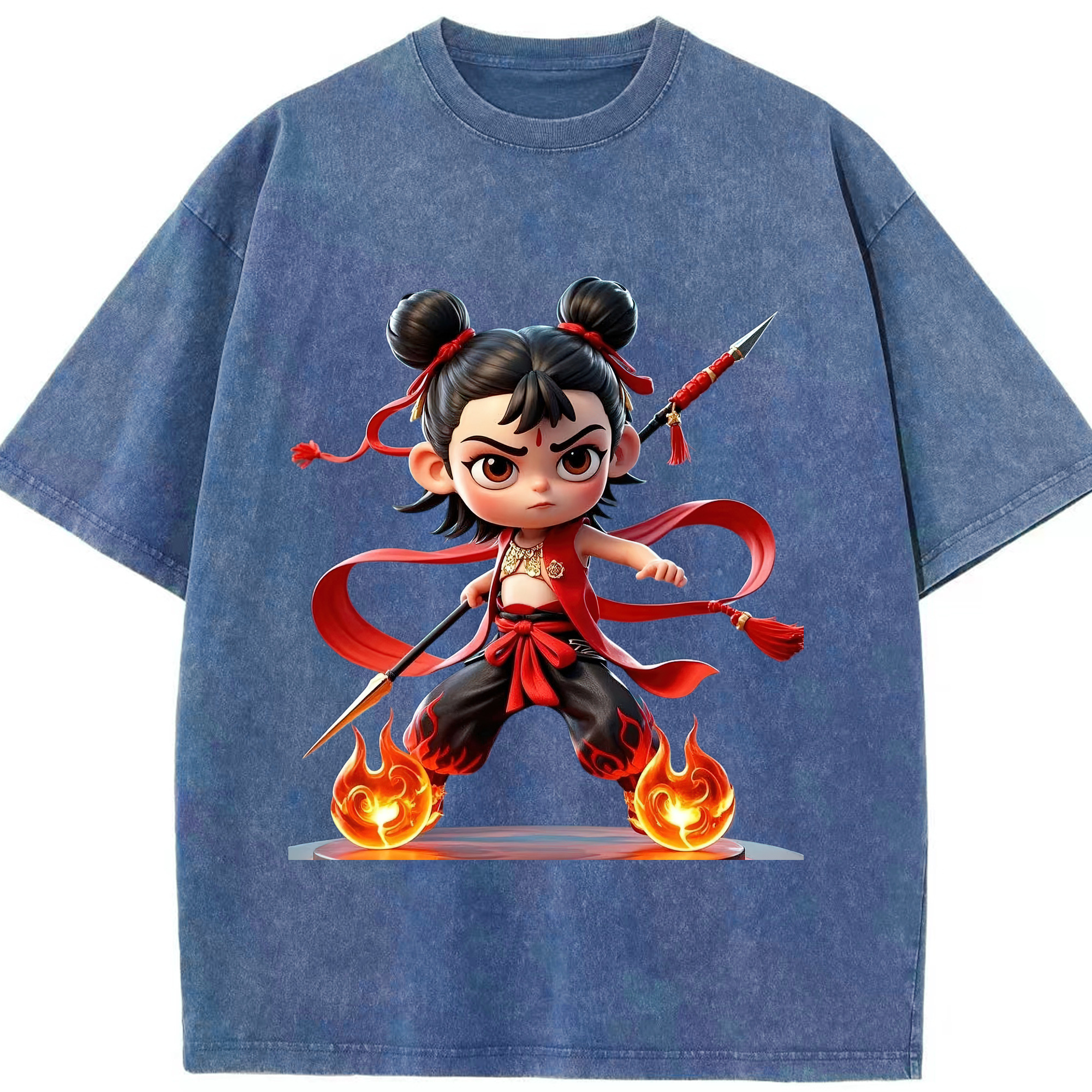 （画像用） Ne Zha 2 ナタ 魔童の大暴れ 綿100% ヴィンテージ風 半袖Tシャツ（フロントプリント）