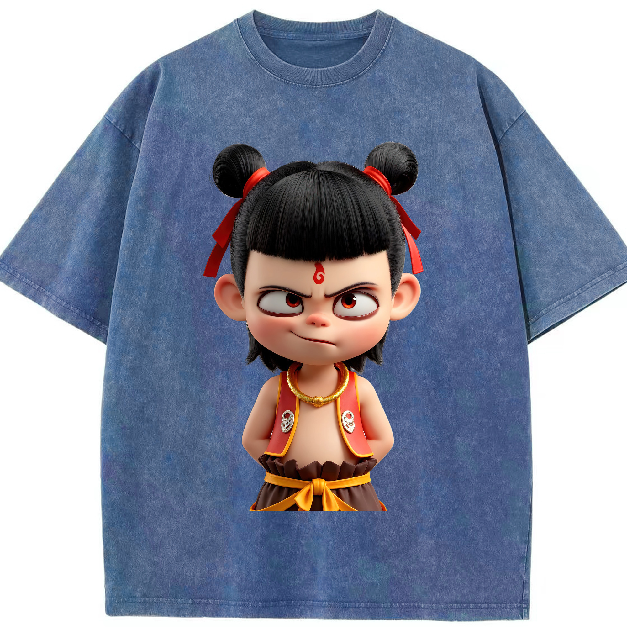 （画像用） Ne Zha 2 ナタ 魔童の大暴れ 綿100% ヴィンテージ風 半袖Tシャツ（フロントプリント）