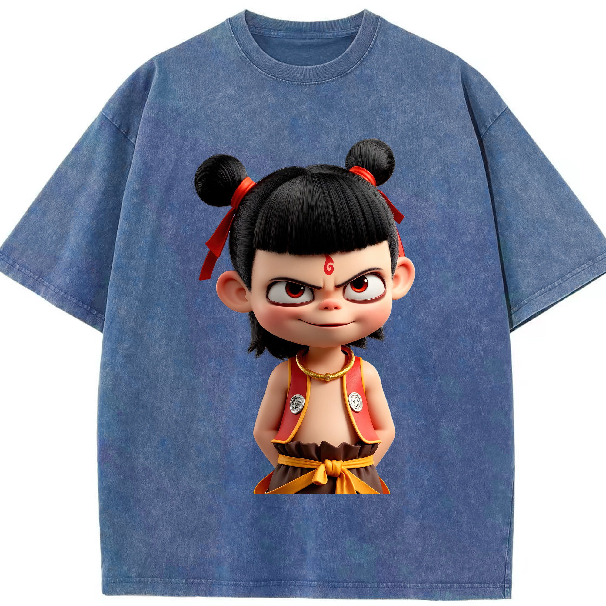 （画像用） Ne Zha 2 ナタ 魔童の大暴れ 綿100% ヴィンテージ風 半袖Tシャツ（フロントプリント）