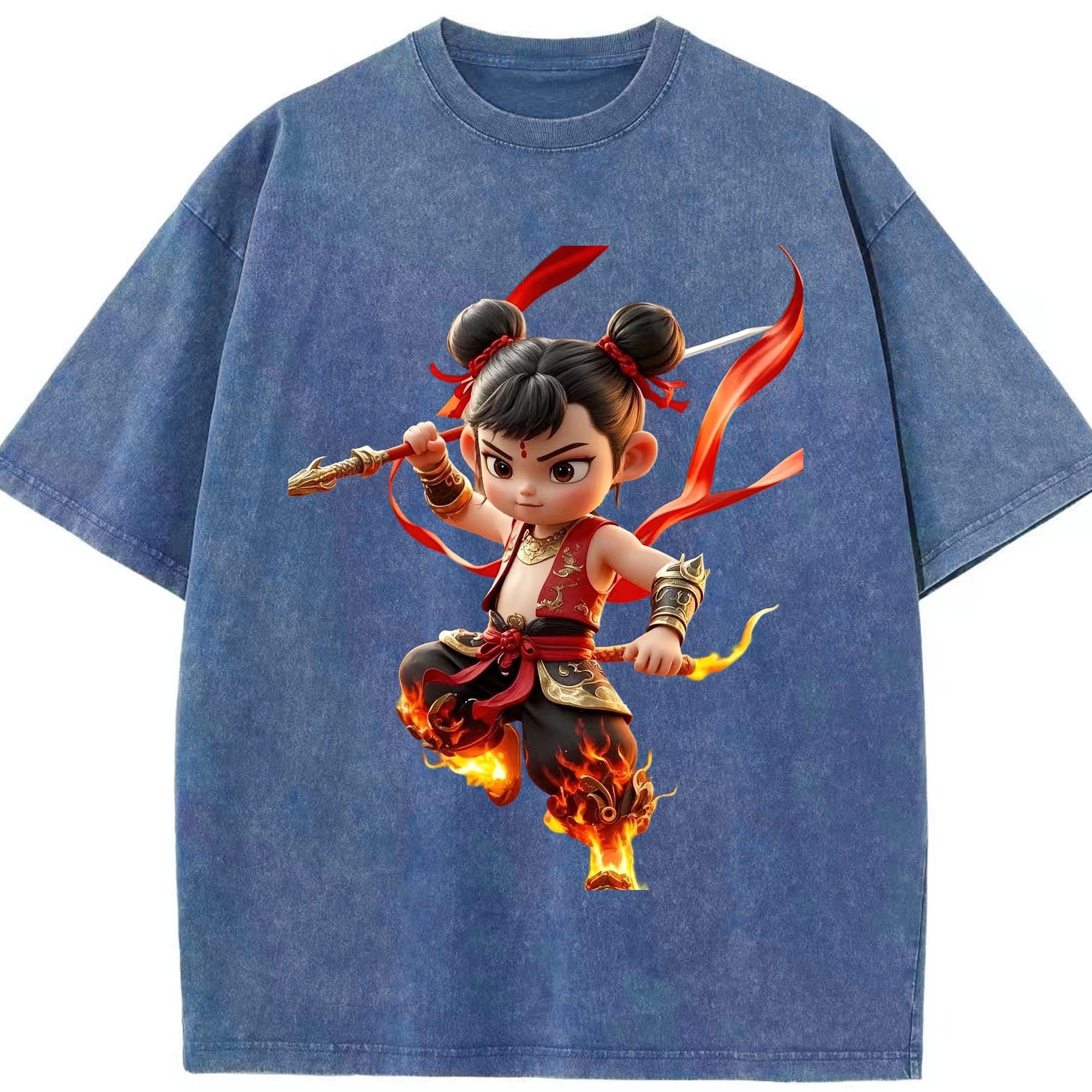 （画像用） Ne Zha 2 ナタ 魔童の大暴れ 綿100% ヴィンテージ風 半袖Tシャツ（フロントプリント）