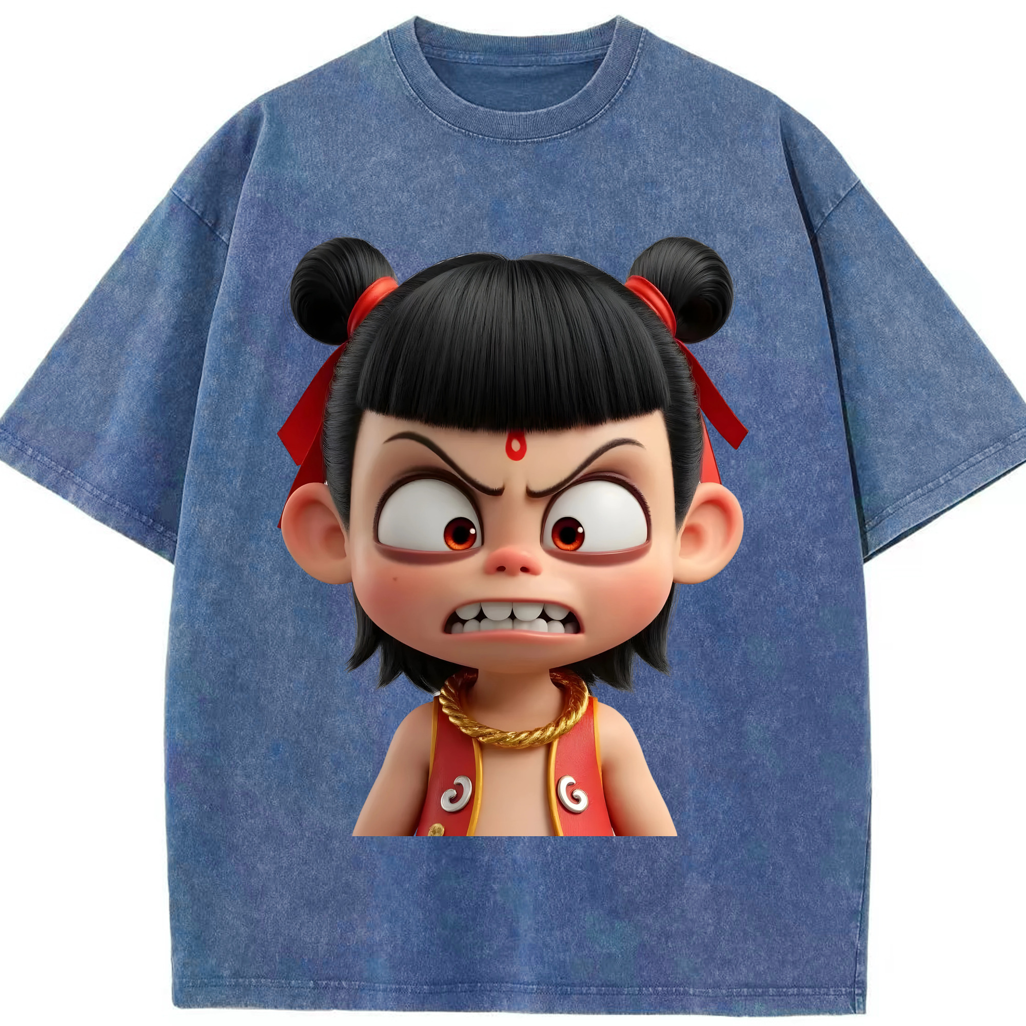 （画像用） Ne Zha 2 ナタ 魔童の大暴れ 綿100% ヴィンテージ風 半袖Tシャツ（フロントプリント）