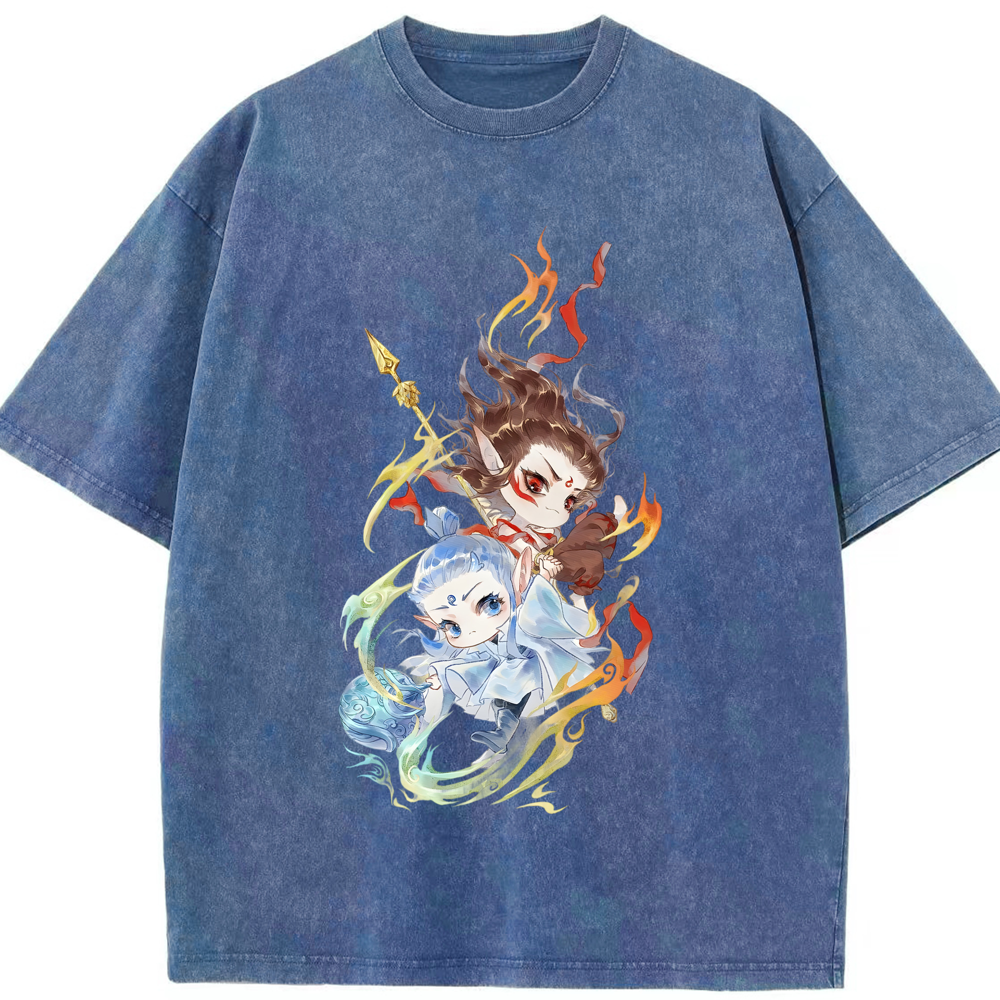 （画像用） Ne Zha 2 ナタ 魔童の大暴れ 綿100% ヴィンテージ風 半袖Tシャツ（フロントプリント）