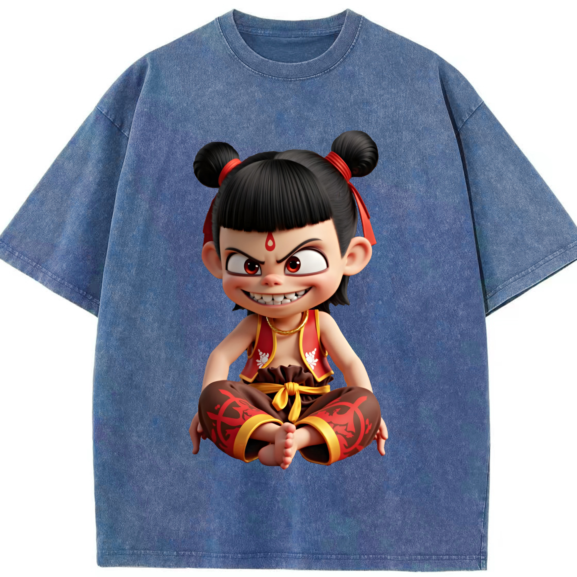 （画像用） Ne Zha 2 ナタ 魔童の大暴れ 綿100% ヴィンテージ風 半袖Tシャツ（フロントプリント）