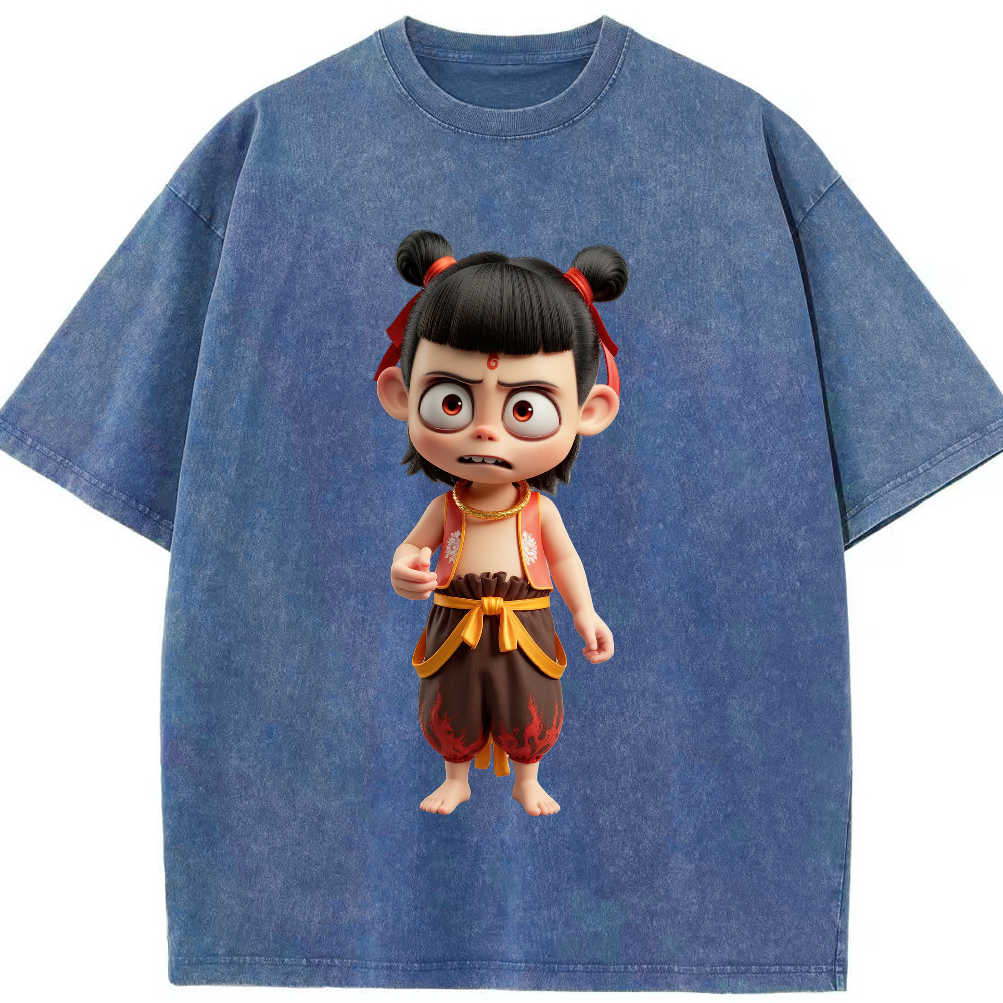 （画像用） Ne Zha 2 ナタ 魔童の大暴れ 綿100% ヴィンテージ風 半袖Tシャツ（フロントプリント）