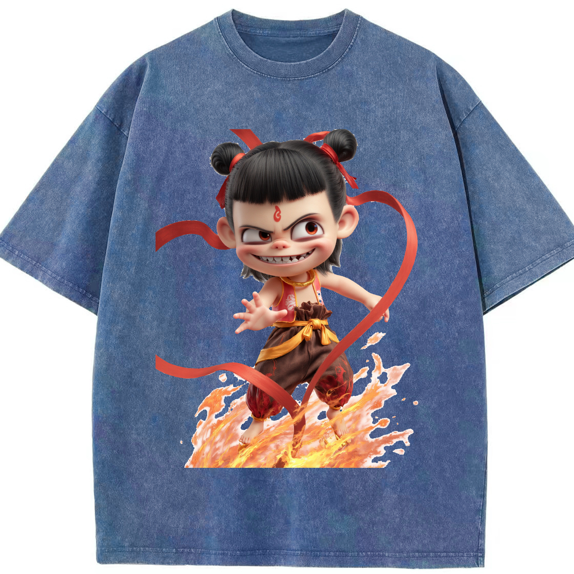（画像用） Ne Zha 2 ナタ 魔童の大暴れ 綿100% ヴィンテージ風 半袖Tシャツ（フロントプリント）