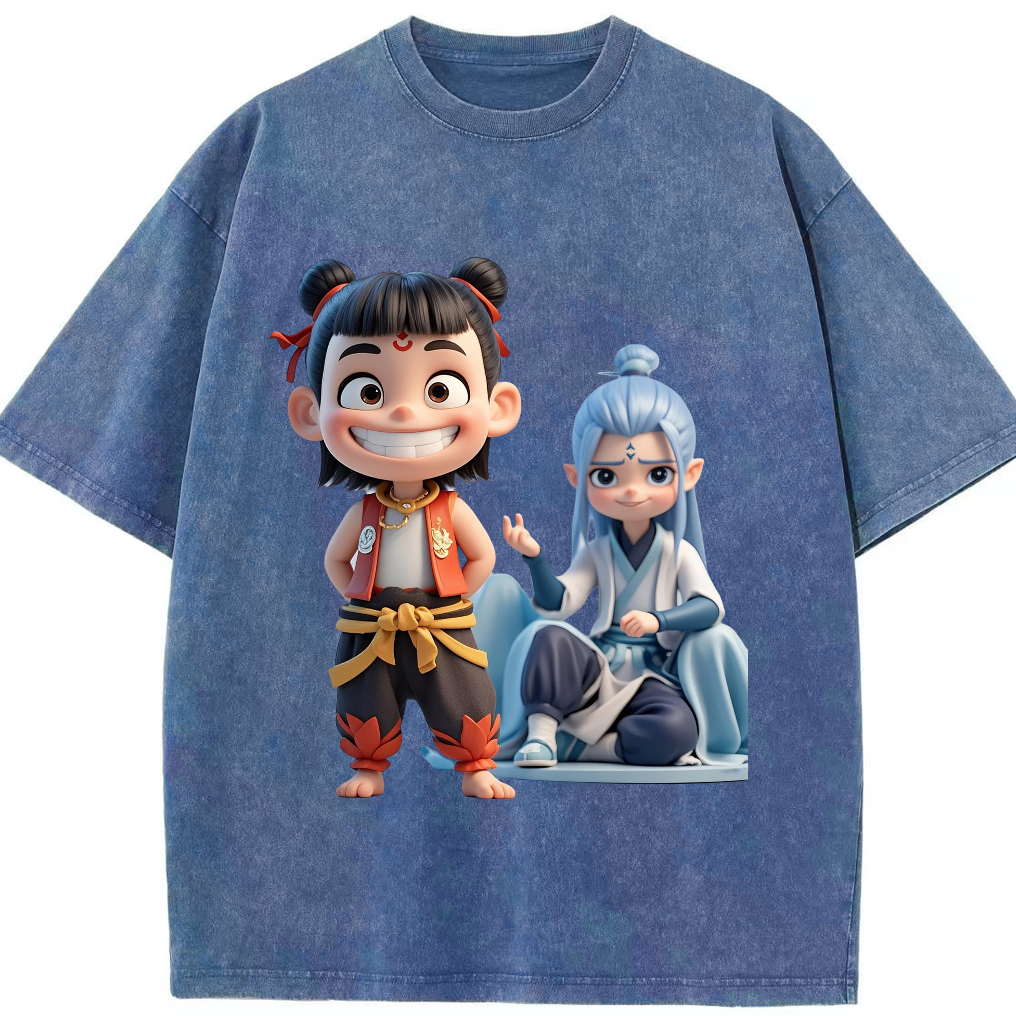 （画像用） Ne Zha 2 ナタ 魔童の大暴れ 綿100% ヴィンテージ風 半袖Tシャツ（フロントプリント）