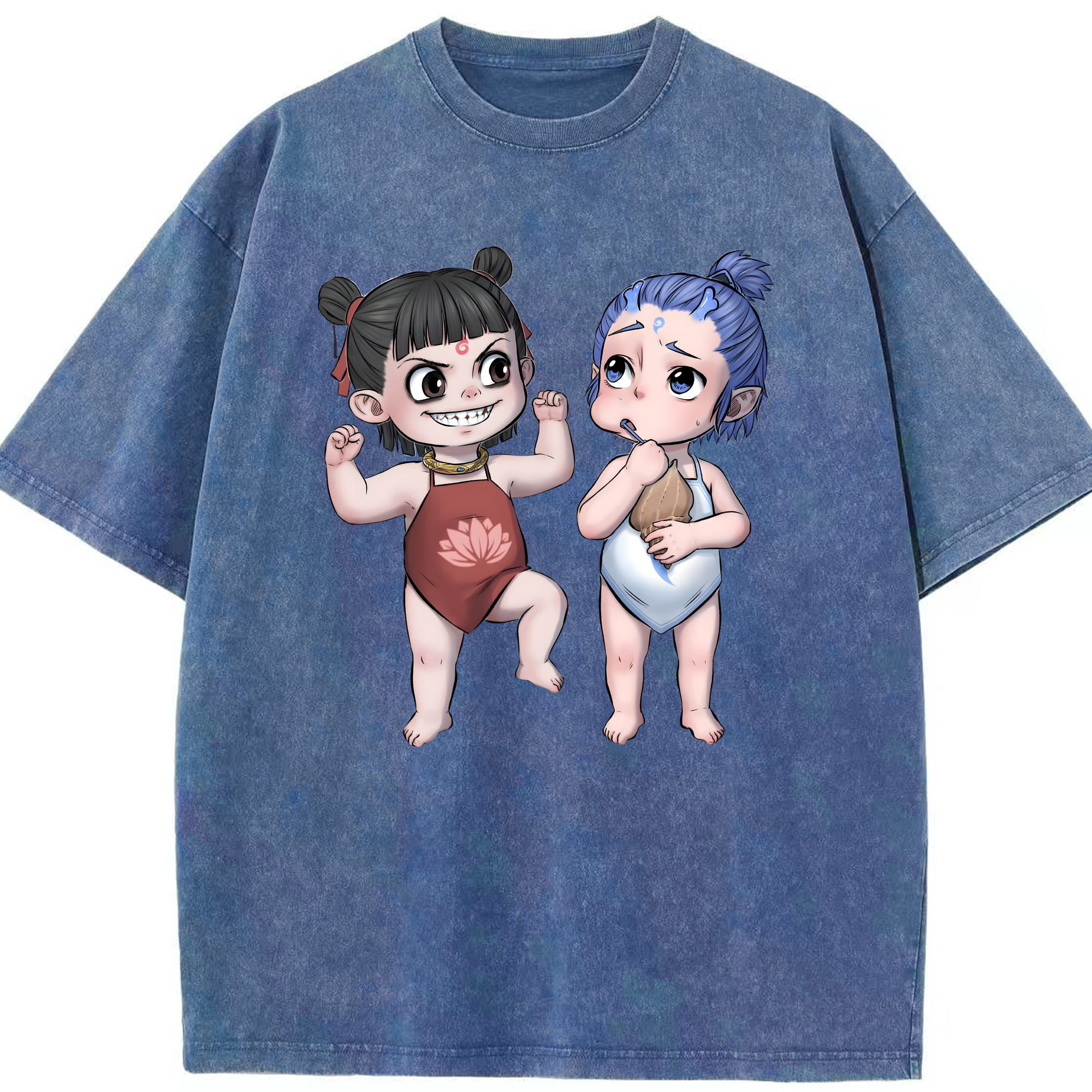 （画像用） Ne Zha 2 ナタ 魔童の大暴れ 綿100% ヴィンテージ風 半袖Tシャツ（フロントプリント）