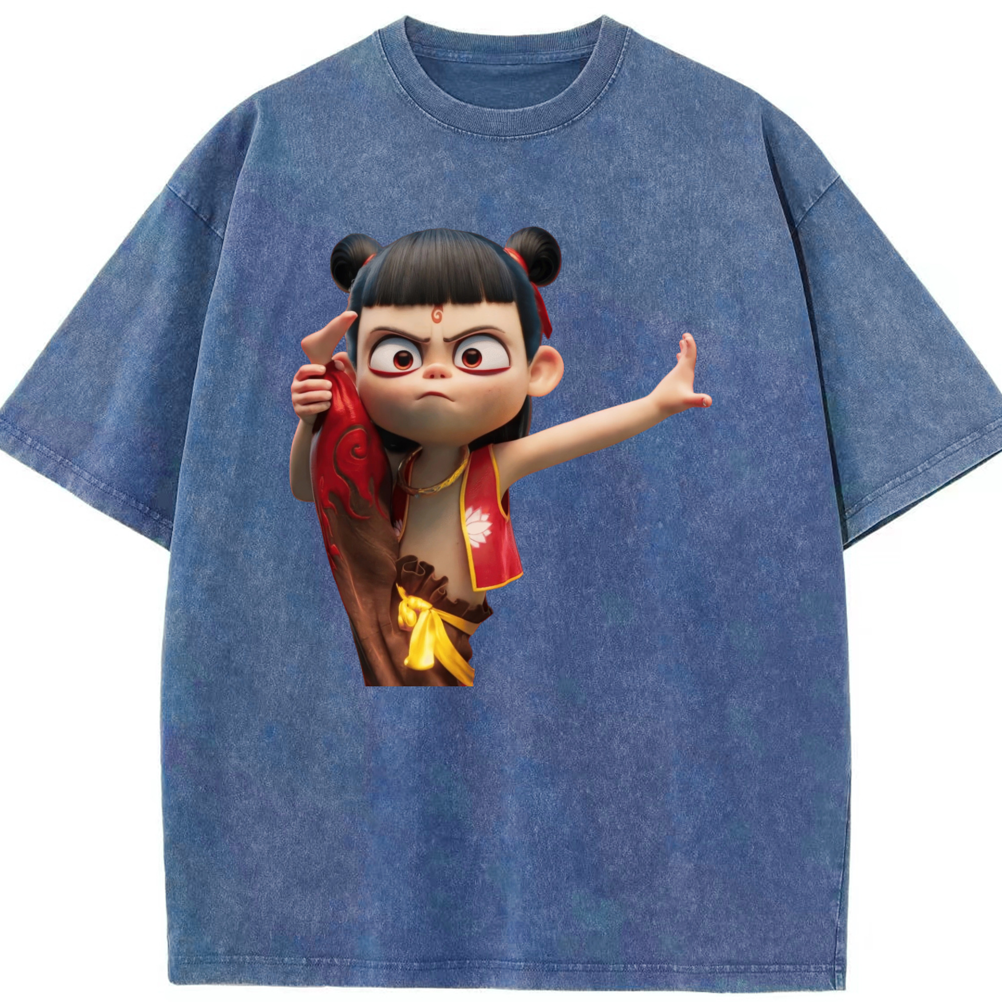 （画像用） Ne Zha 2 ナタ 魔童の大暴れ 綿100% ヴィンテージ風 半袖Tシャツ（フロントプリント）
