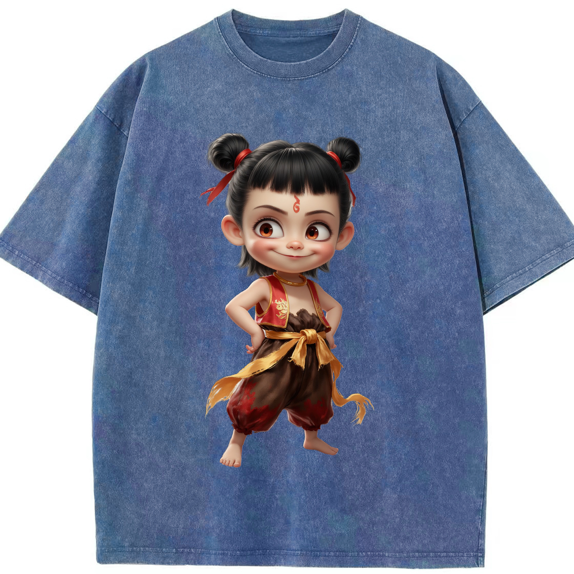（画像用） Ne Zha 2 ナタ 魔童の大暴れ 綿100% ヴィンテージ風 半袖Tシャツ（フロントプリント）