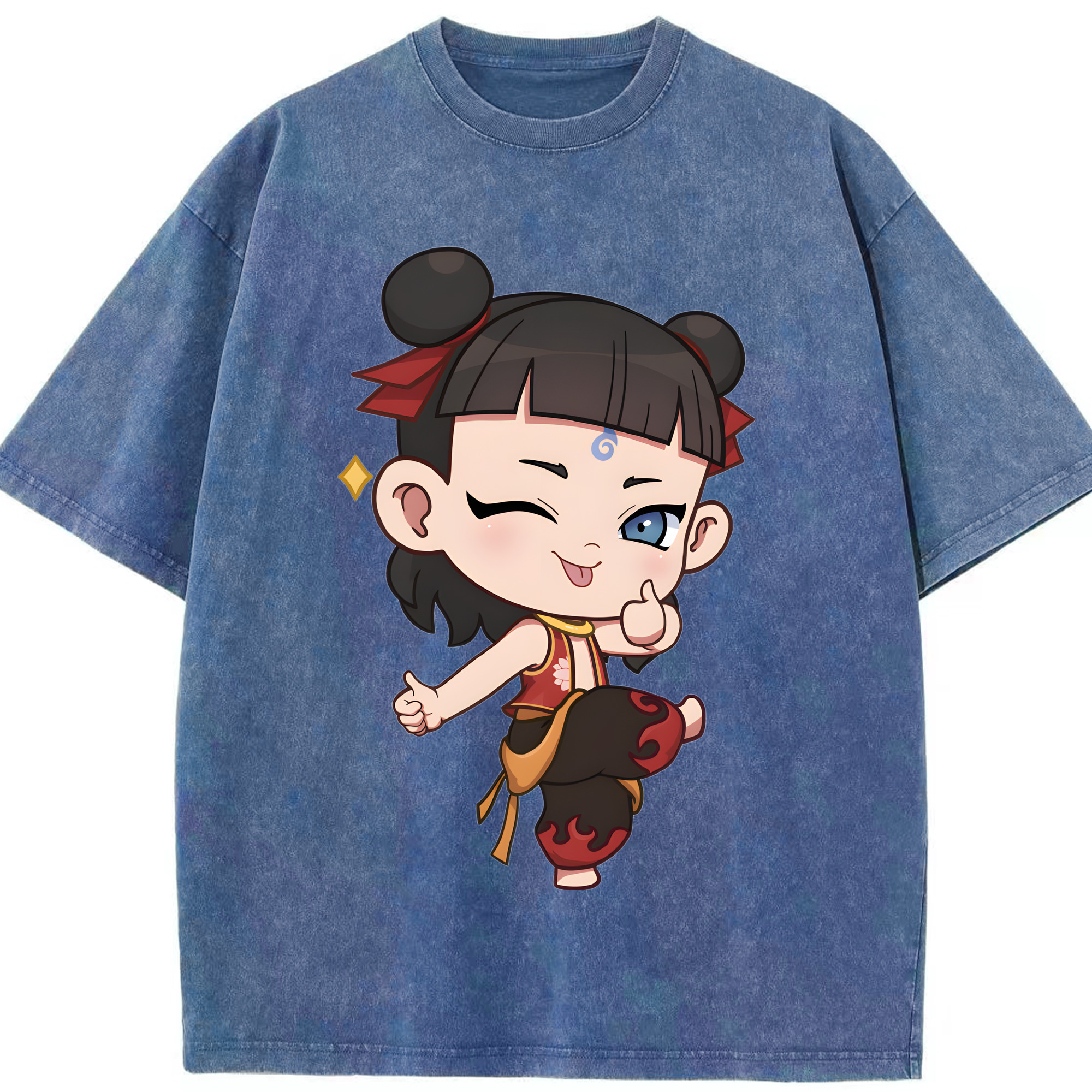 （画像用） Ne Zha 2 ナタ 魔童の大暴れ 綿100% ヴィンテージ風 半袖Tシャツ（フロントプリント）