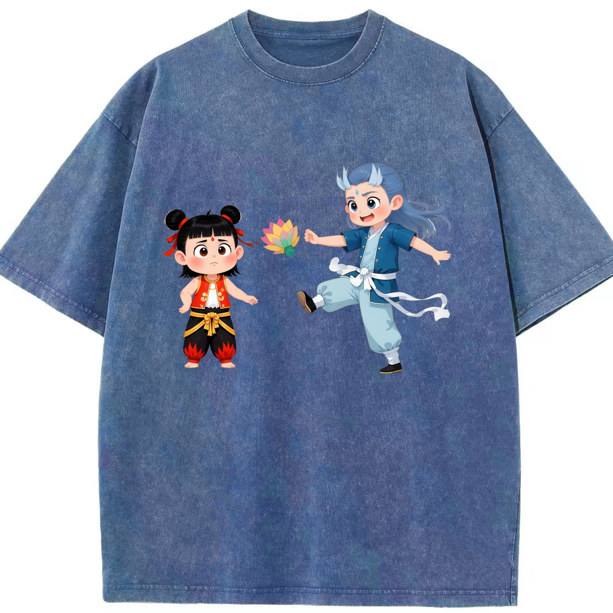 （画像用） Ne Zha 2 ナタ 魔童の大暴れ 綿100% ヴィンテージ風 半袖Tシャツ（フロントプリント）