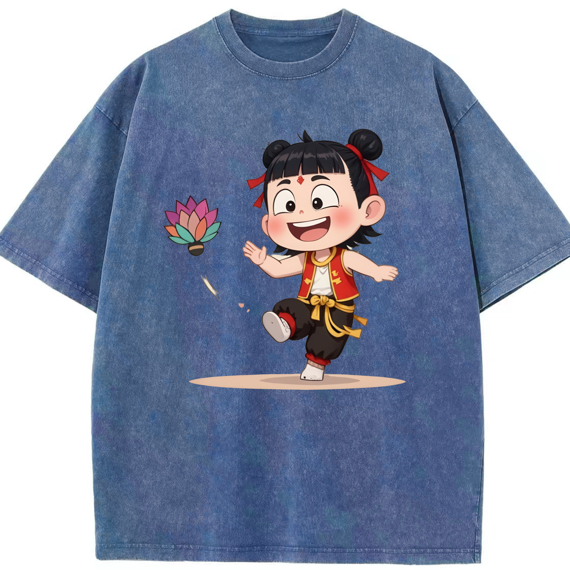 （画像用） Ne Zha 2 ナタ 魔童の大暴れ 綿100% ヴィンテージ風 半袖Tシャツ（フロントプリント）