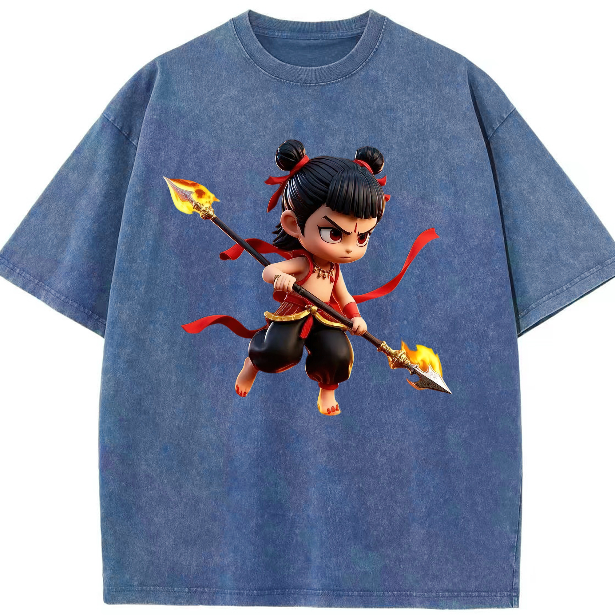 （画像用） Ne Zha 2 ナタ 魔童の大暴れ 綿100% ヴィンテージ風 半袖Tシャツ（フロントプリント）