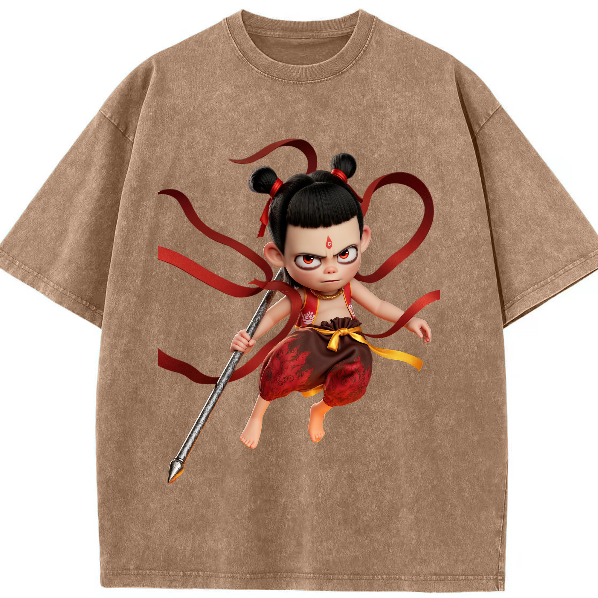 （画像用） Ne Zha 2 ナタ 魔童の大暴れ 綿100% ヴィンテージ風 半袖Tシャツ（フロントプリント）