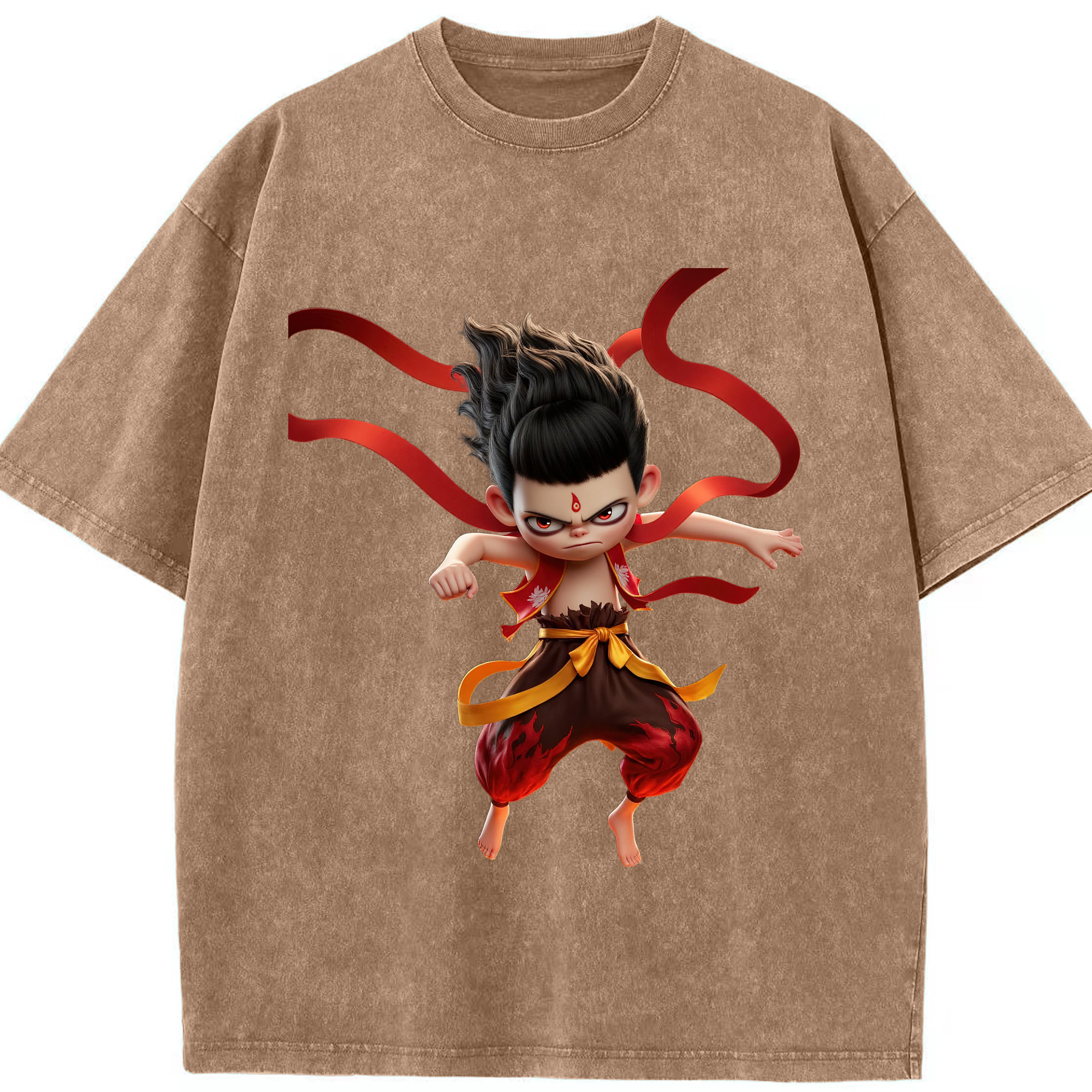 （画像用） Ne Zha 2 ナタ 魔童の大暴れ 綿100% ヴィンテージ風 半袖Tシャツ（フロントプリント）