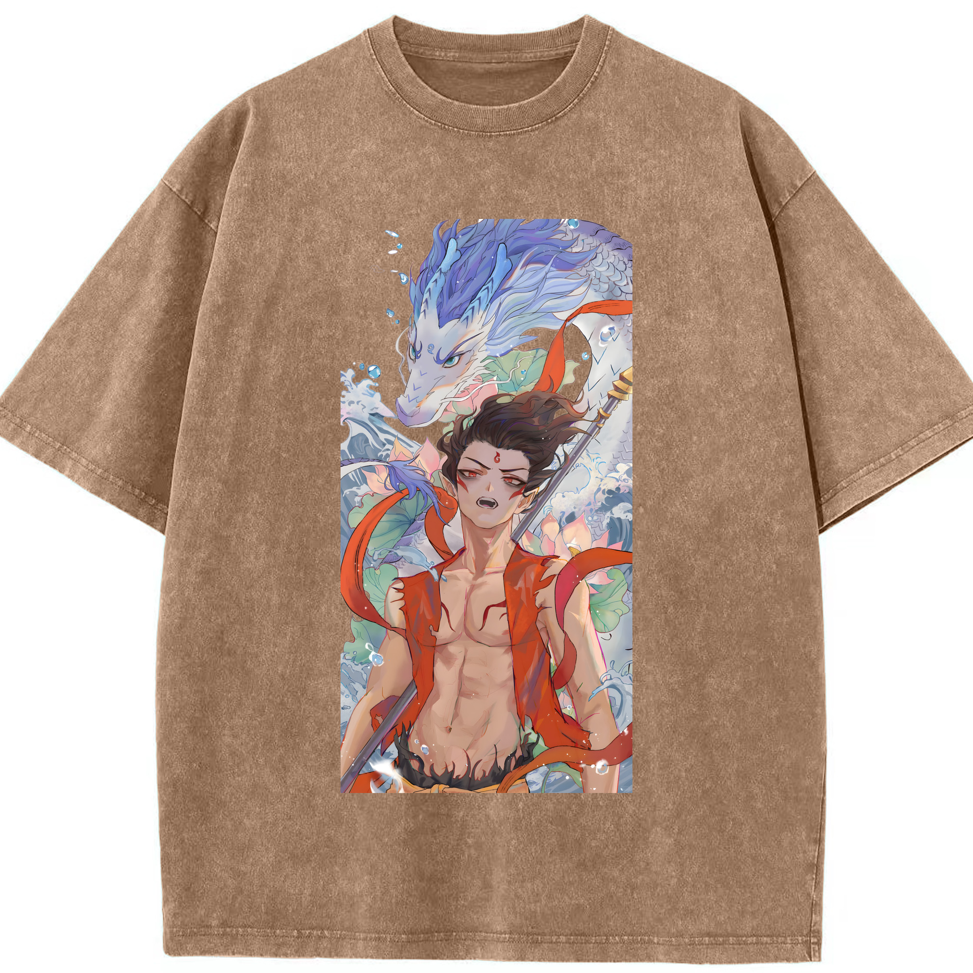 （画像用） Ne Zha 2 ナタ 魔童の大暴れ 綿100% ヴィンテージ風 半袖Tシャツ（フロントプリント）