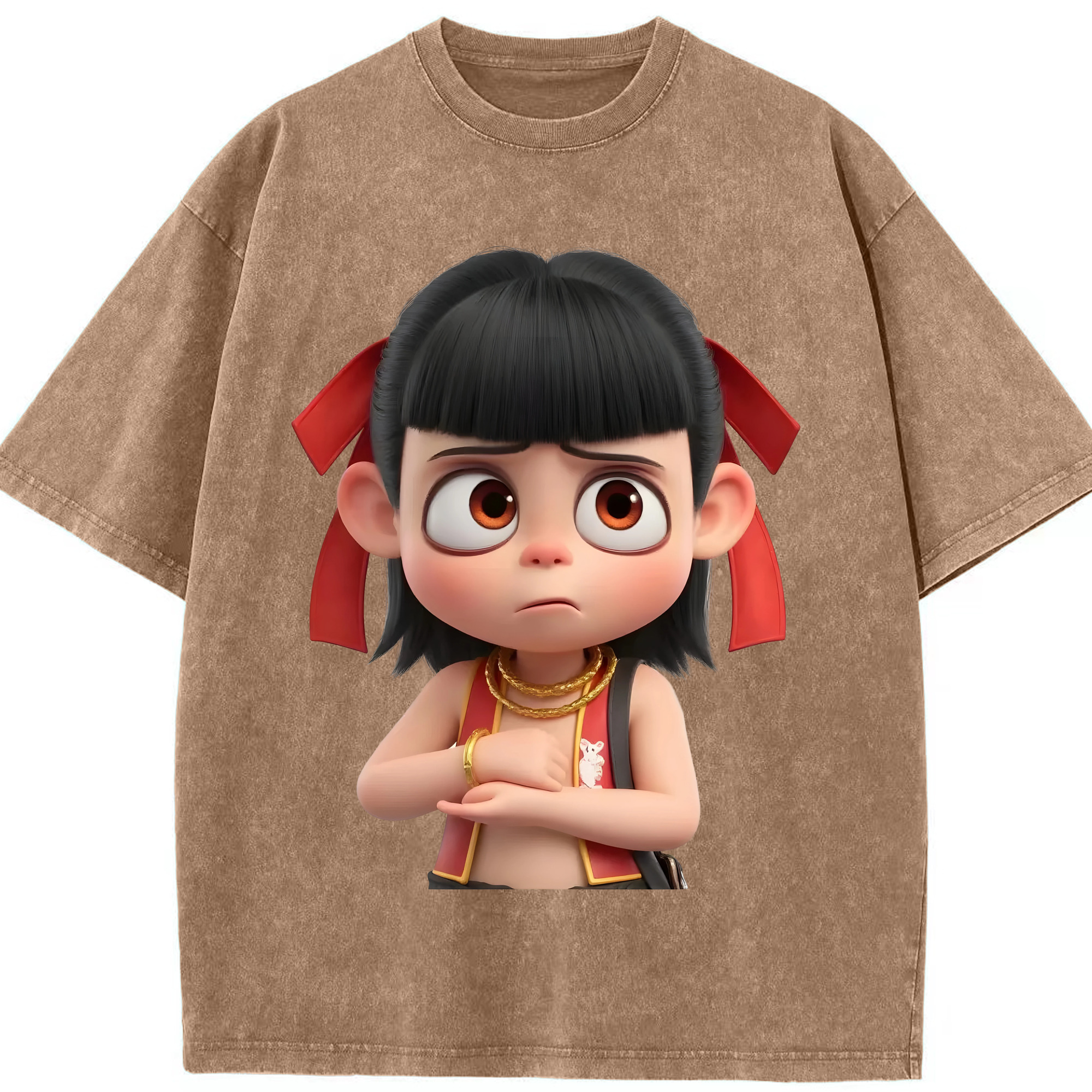 （画像用） Ne Zha 2 ナタ 魔童の大暴れ 綿100% ヴィンテージ風 半袖Tシャツ（フロントプリント）