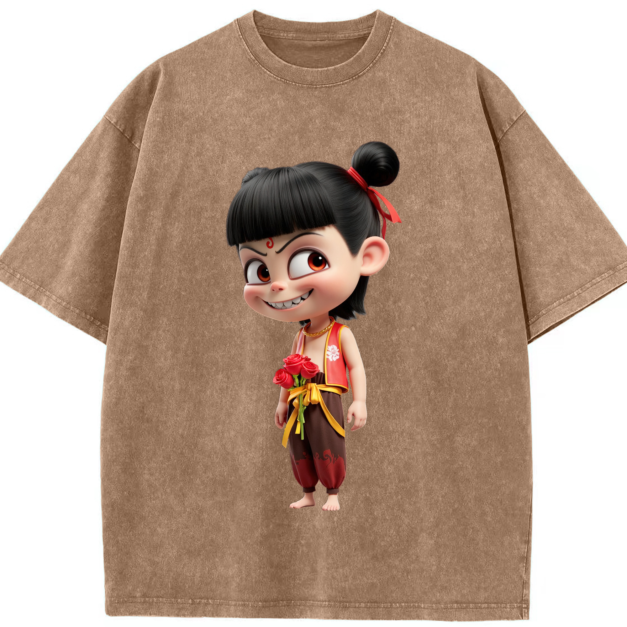 （画像用） Ne Zha 2 ナタ 魔童の大暴れ 綿100% ヴィンテージ風 半袖Tシャツ（フロントプリント）